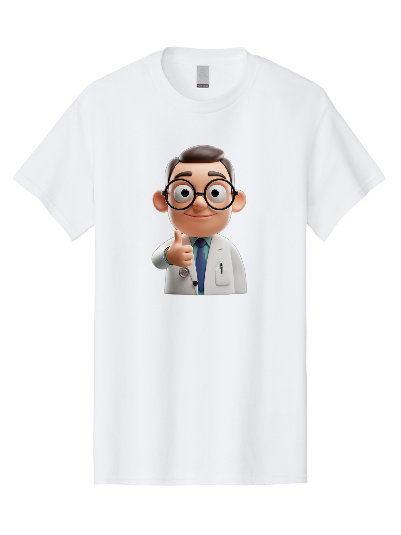 Doctor-1 Men'S Graphic Tee, 100% Cotton, Comfortable Casual Summer Wear, Machine Washable, 3D Cartoon Doctor, Thumbs Up Gesture, Eyeglasses, White Lab Coat, Blue Tie, Stethoscope, Confident Expression, Friendly Demeanor, Medical Professional, Baa455