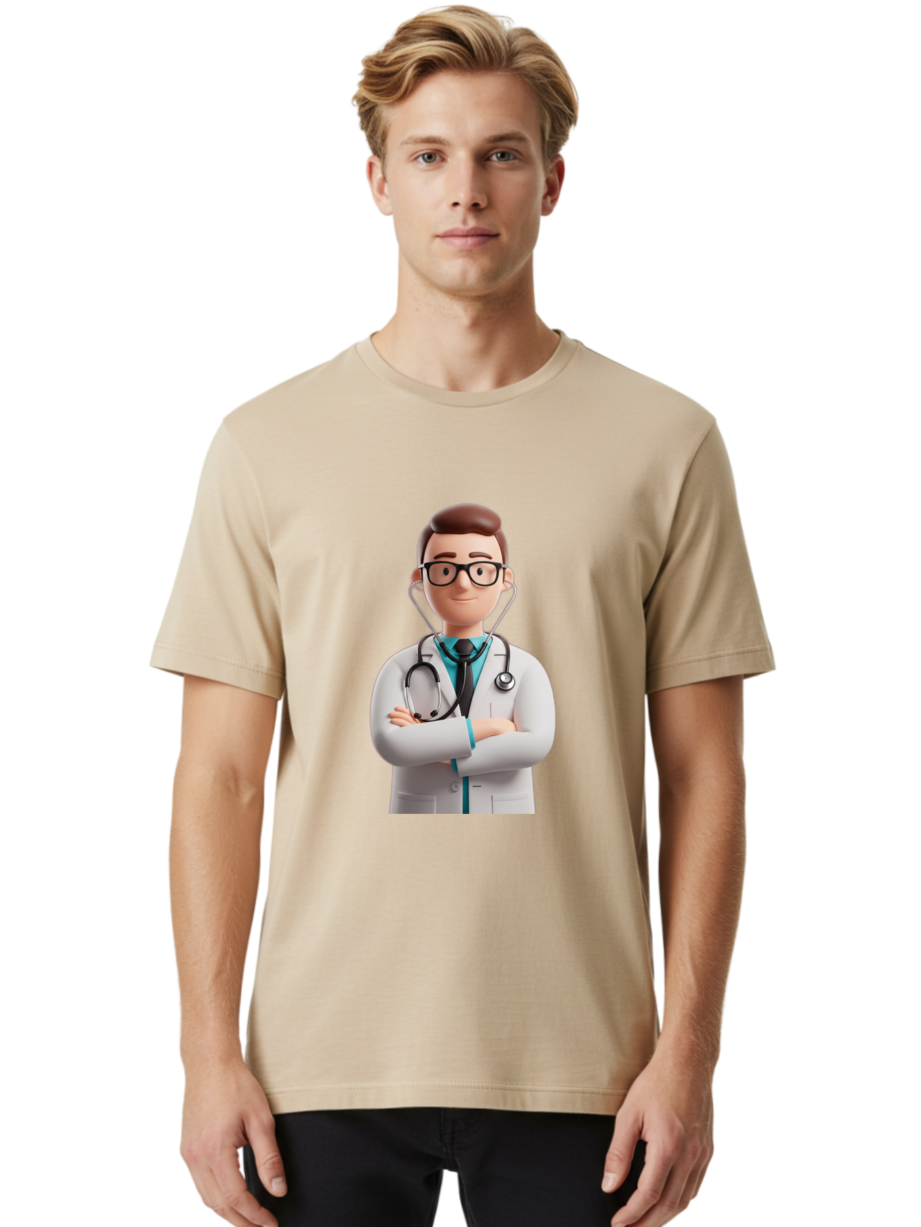 Doctor-3 Men'S Graphic Tee, 100% Cotton, Comfortable Casual Summer Wear, Machine Washable, Cartoon Doctor, Medical Professional, Stethoscope Around Neck, White Lab Coat, Confident Pose, Medical Care, Healthcare Provider, Friendly Smile, Baa457