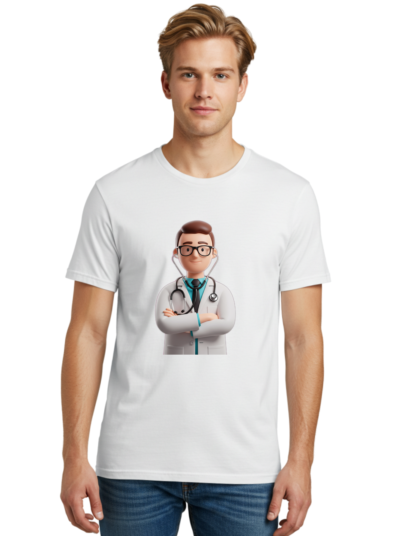 Doctor-3 Men'S Graphic Tee, 100% Cotton, Comfortable Casual Summer Wear, Machine Washable, Cartoon Doctor, Medical Professional, Stethoscope Around Neck, White Lab Coat, Confident Pose, Medical Care, Healthcare Provider, Friendly Smile, Baa457