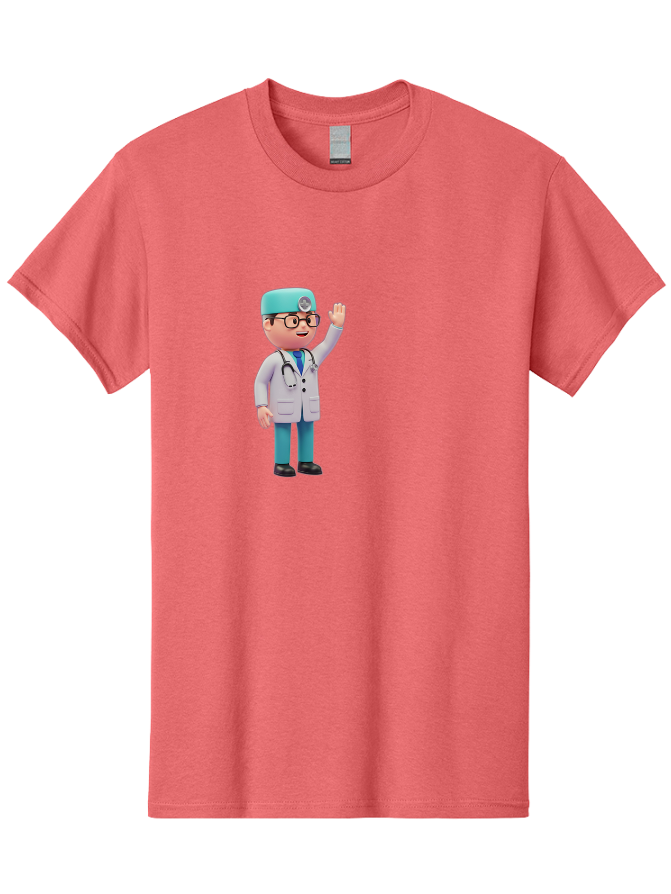 Doctor-3D-Character Men'S Graphic Tee, 100% Cotton, Comfortable Casual Summer Wear, Machine Washable, Cartoon Doctor, Medical Professional, Friendly Character, Waving Gesture, White Lab Coat, Stethoscope, Blue Scrubs, Healthcare Worker, Baa458