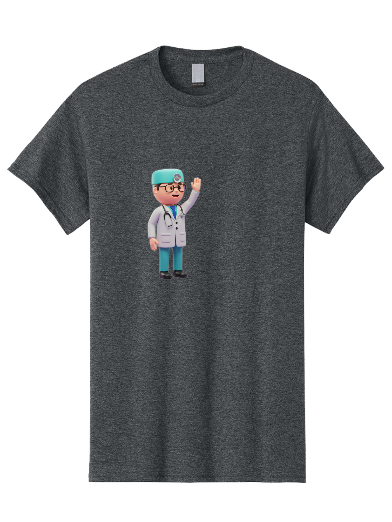 Doctor-3D-Character Men'S Graphic Tee, 100% Cotton, Comfortable Casual Summer Wear, Machine Washable, Cartoon Doctor, Medical Professional, Friendly Character, Waving Gesture, White Lab Coat, Stethoscope, Blue Scrubs, Healthcare Worker, Baa458