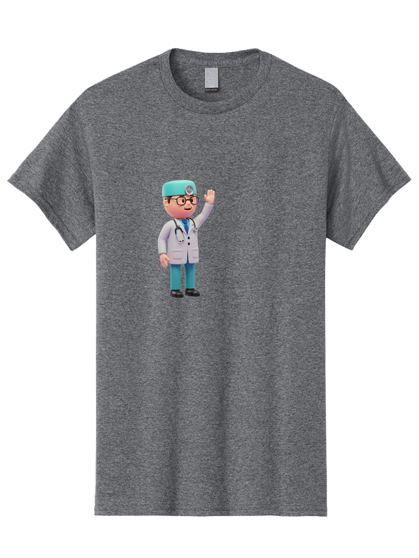 Doctor-3D-Character Men'S Graphic Tee, 100% Cotton, Comfortable Casual Summer Wear, Machine Washable, Cartoon Doctor, Medical Professional, Friendly Character, Waving Gesture, White Lab Coat, Stethoscope, Blue Scrubs, Healthcare Worker, Baa458