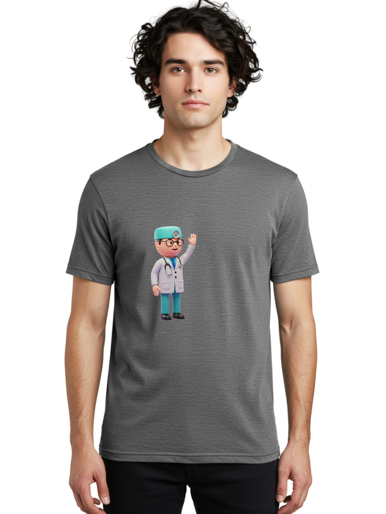 Doctor-3D-Character Men'S Graphic Tee, 100% Cotton, Comfortable Casual Summer Wear, Machine Washable, Cartoon Doctor, Medical Professional, Friendly Character, Waving Gesture, White Lab Coat, Stethoscope, Blue Scrubs, Healthcare Worker, Baa458