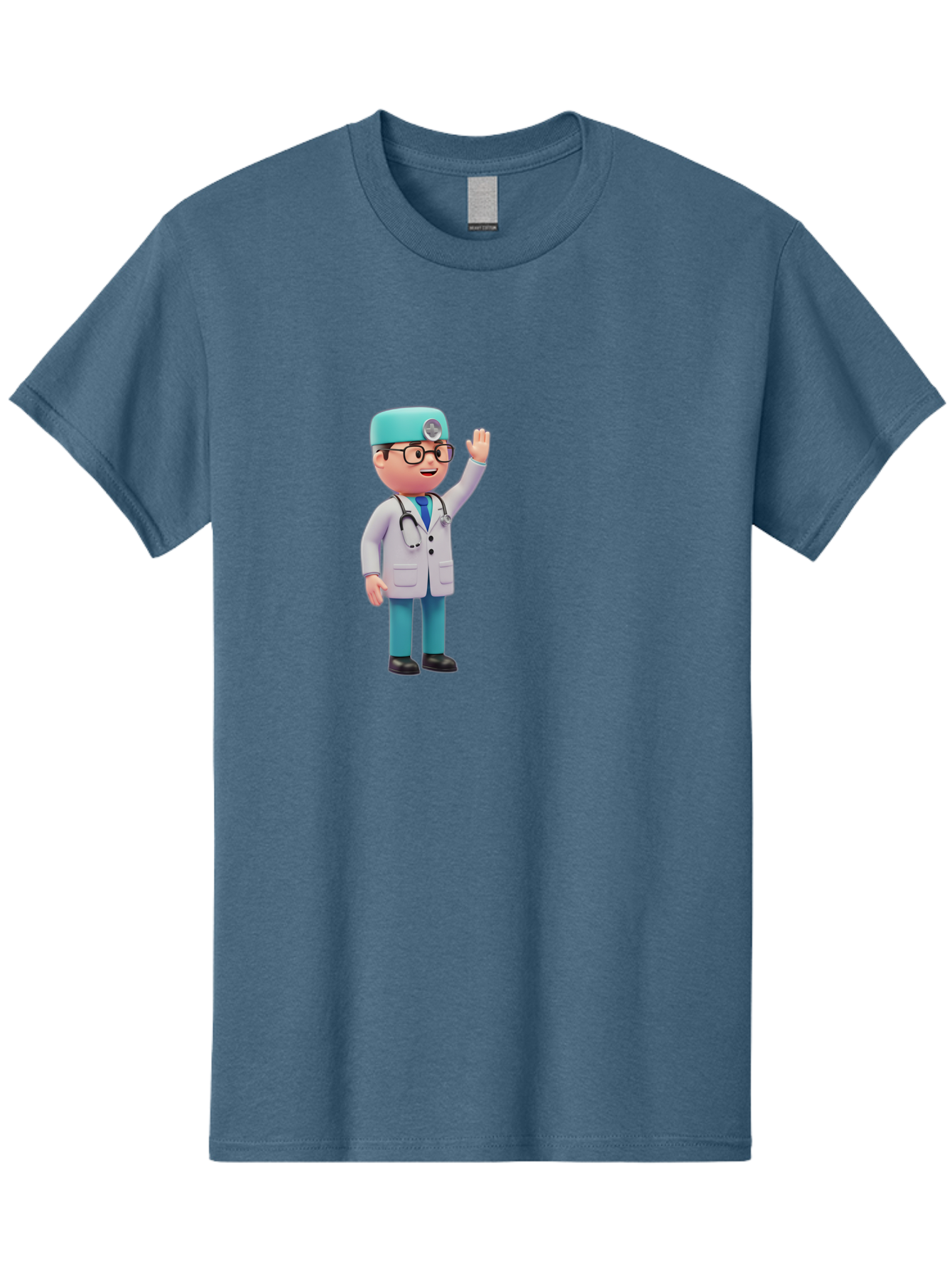 Doctor-3D-Character Men'S Graphic Tee, 100% Cotton, Comfortable Casual Summer Wear, Machine Washable, Cartoon Doctor, Medical Professional, Friendly Character, Waving Gesture, White Lab Coat, Stethoscope, Blue Scrubs, Healthcare Worker, Baa458