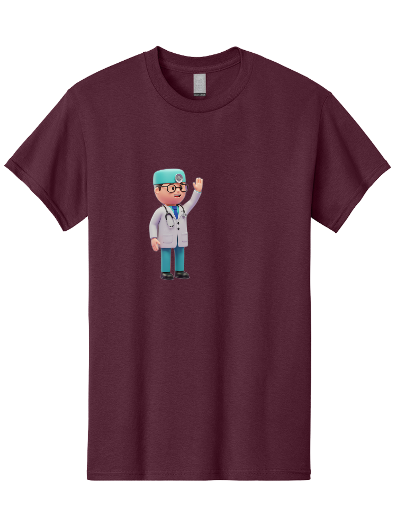 Doctor-3D-Character Men'S Graphic Tee, 100% Cotton, Comfortable Casual Summer Wear, Machine Washable, Cartoon Doctor, Medical Professional, Friendly Character, Waving Gesture, White Lab Coat, Stethoscope, Blue Scrubs, Healthcare Worker, Baa458