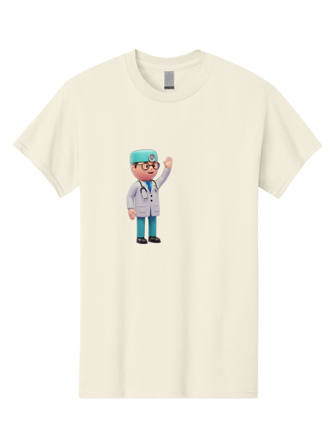 Doctor-3D-Character Men'S Graphic Tee, 100% Cotton, Comfortable Casual Summer Wear, Machine Washable, Cartoon Doctor, Medical Professional, Friendly Character, Waving Gesture, White Lab Coat, Stethoscope, Blue Scrubs, Healthcare Worker, Baa458