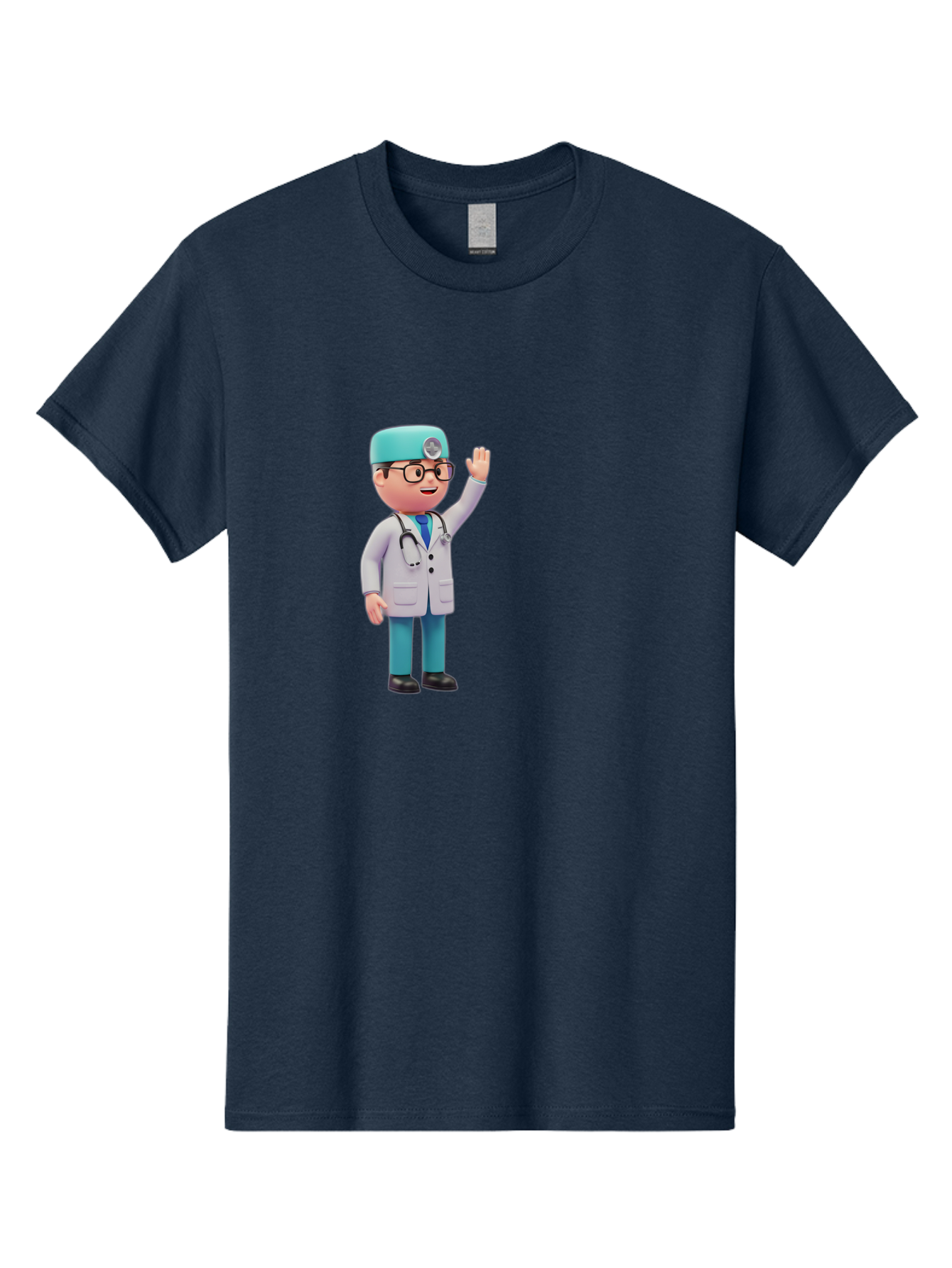 Doctor-3D-Character Men'S Graphic Tee, 100% Cotton, Comfortable Casual Summer Wear, Machine Washable, Cartoon Doctor, Medical Professional, Friendly Character, Waving Gesture, White Lab Coat, Stethoscope, Blue Scrubs, Healthcare Worker, Baa458