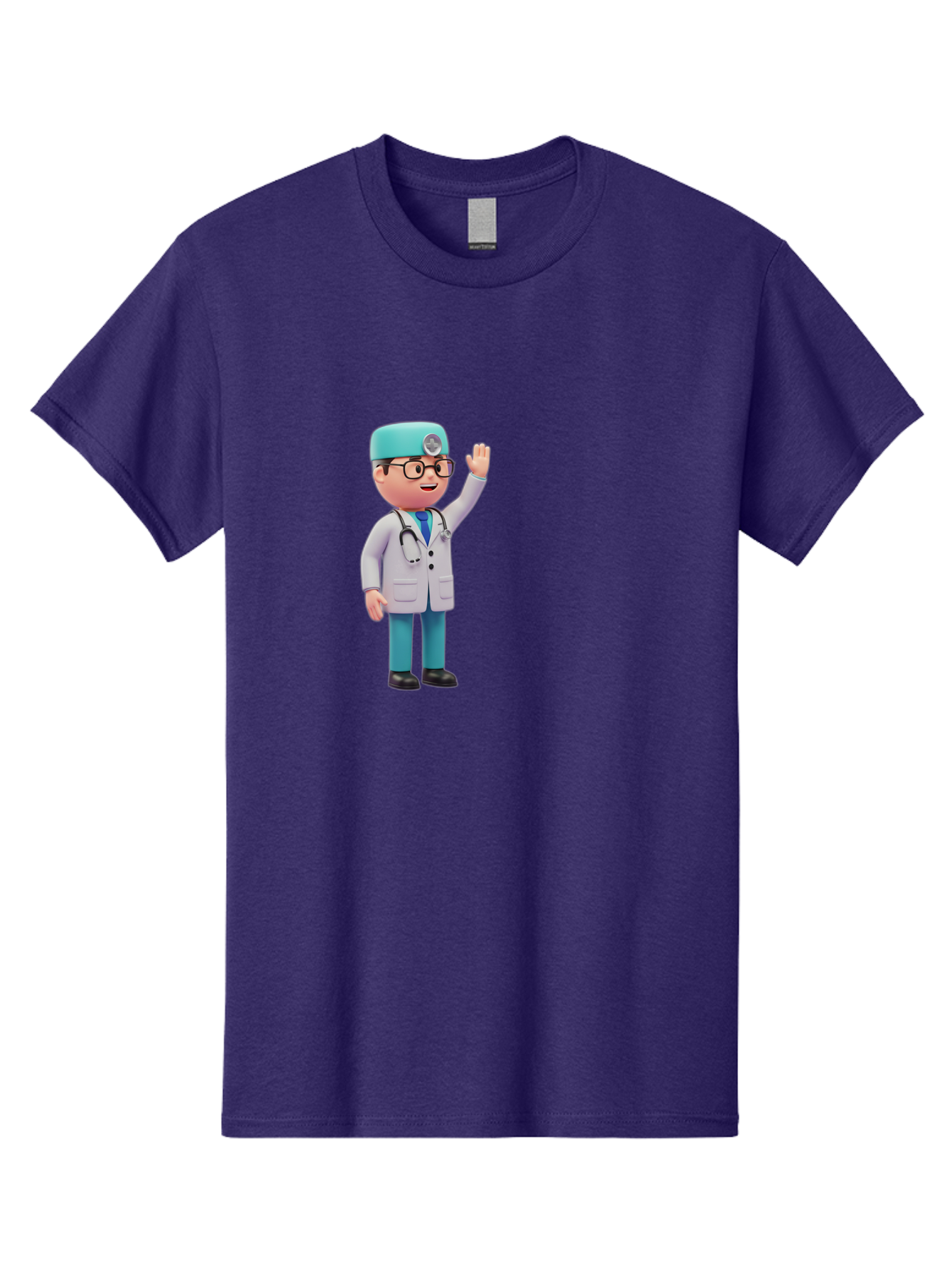 Doctor-3D-Character Men'S Graphic Tee, 100% Cotton, Comfortable Casual Summer Wear, Machine Washable, Cartoon Doctor, Medical Professional, Friendly Character, Waving Gesture, White Lab Coat, Stethoscope, Blue Scrubs, Healthcare Worker, Baa458
