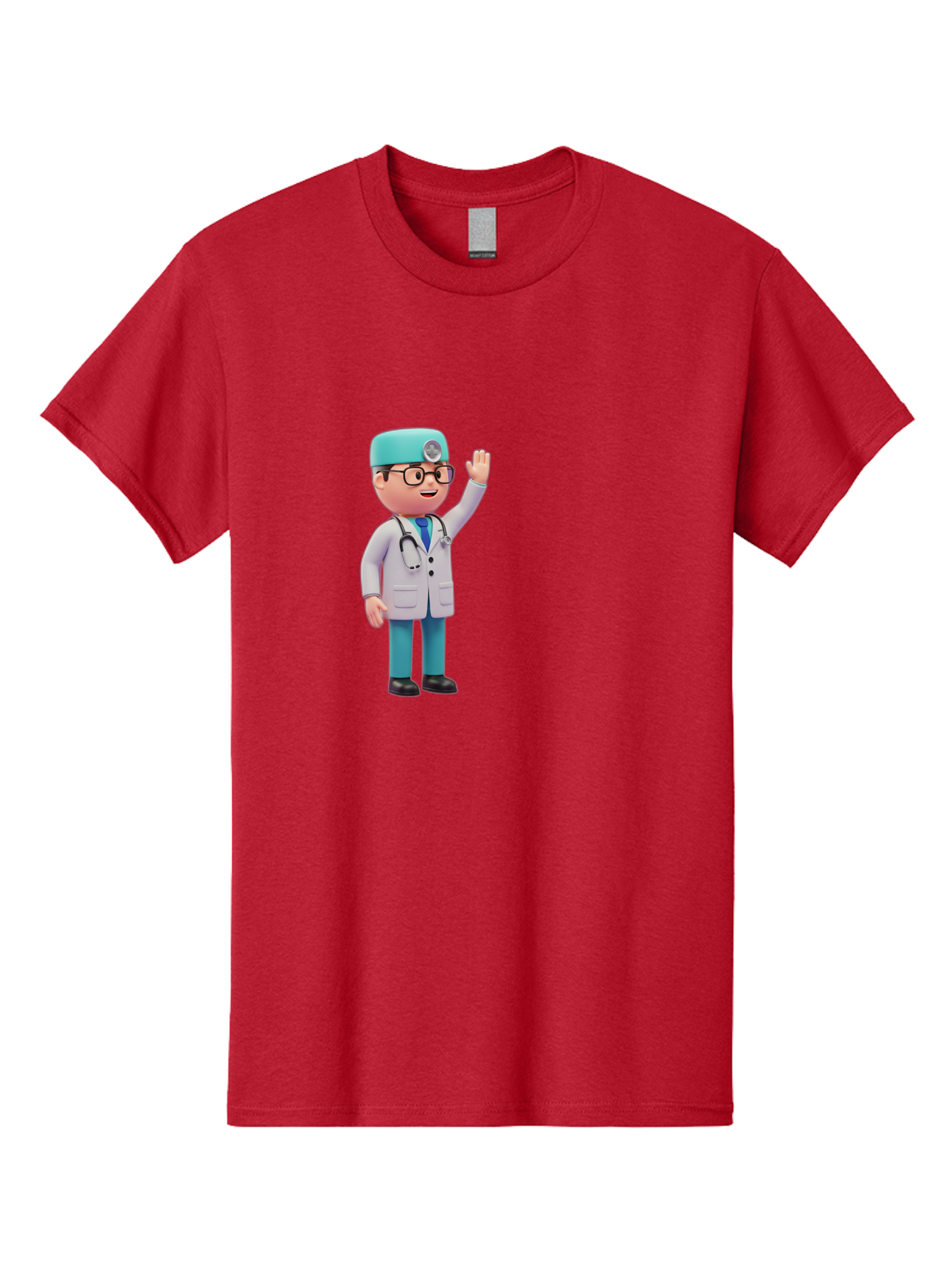 Doctor-3D-Character Men'S Graphic Tee, 100% Cotton, Comfortable Casual Summer Wear, Machine Washable, Cartoon Doctor, Medical Professional, Friendly Character, Waving Gesture, White Lab Coat, Stethoscope, Blue Scrubs, Healthcare Worker, Baa458