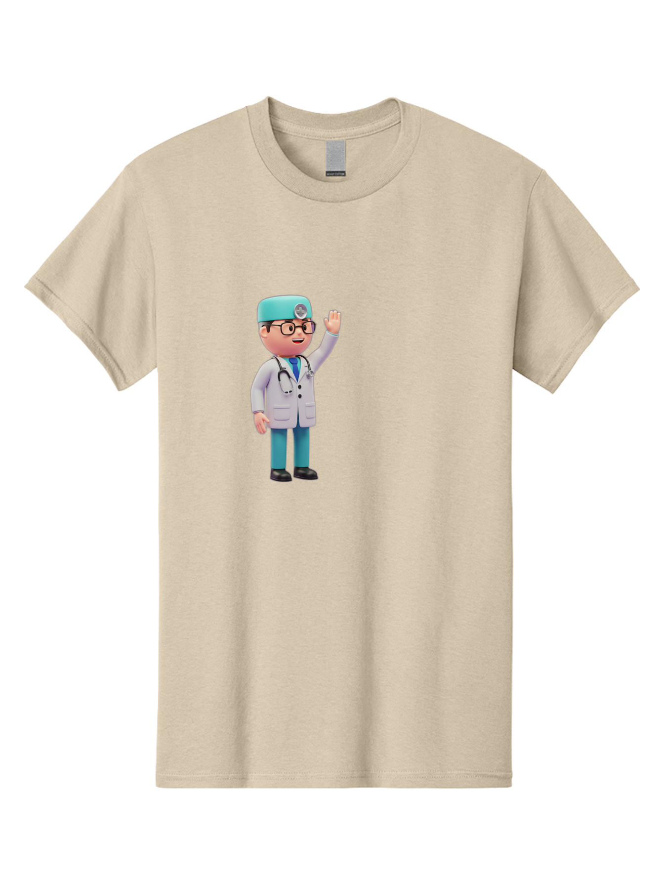 Doctor-3D-Character Men'S Graphic Tee, 100% Cotton, Comfortable Casual Summer Wear, Machine Washable, Cartoon Doctor, Medical Professional, Friendly Character, Waving Gesture, White Lab Coat, Stethoscope, Blue Scrubs, Healthcare Worker, Baa458