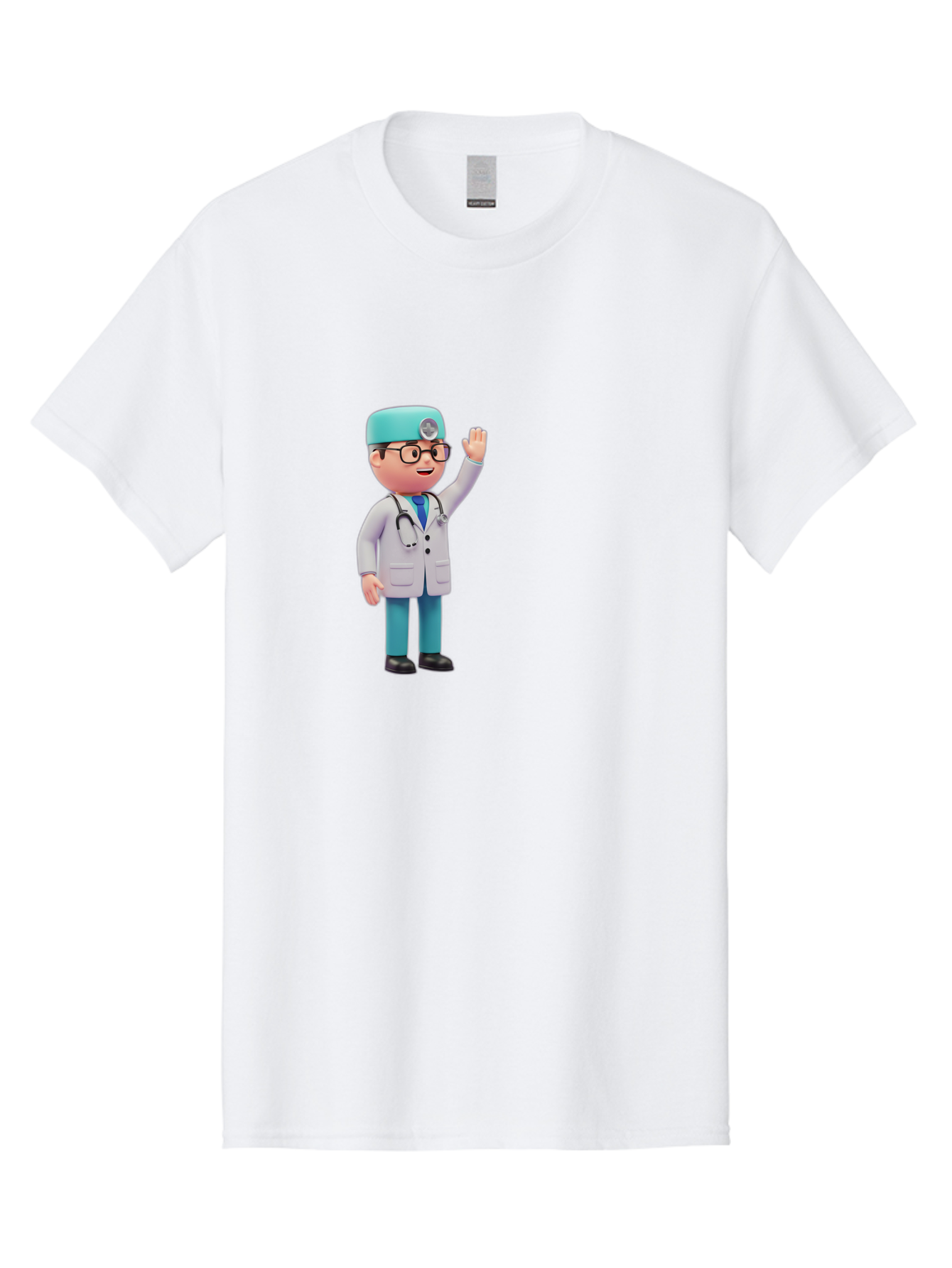 Doctor-3D-Character Men'S Graphic Tee, 100% Cotton, Comfortable Casual Summer Wear, Machine Washable, Cartoon Doctor, Medical Professional, Friendly Character, Waving Gesture, White Lab Coat, Stethoscope, Blue Scrubs, Healthcare Worker, Baa458