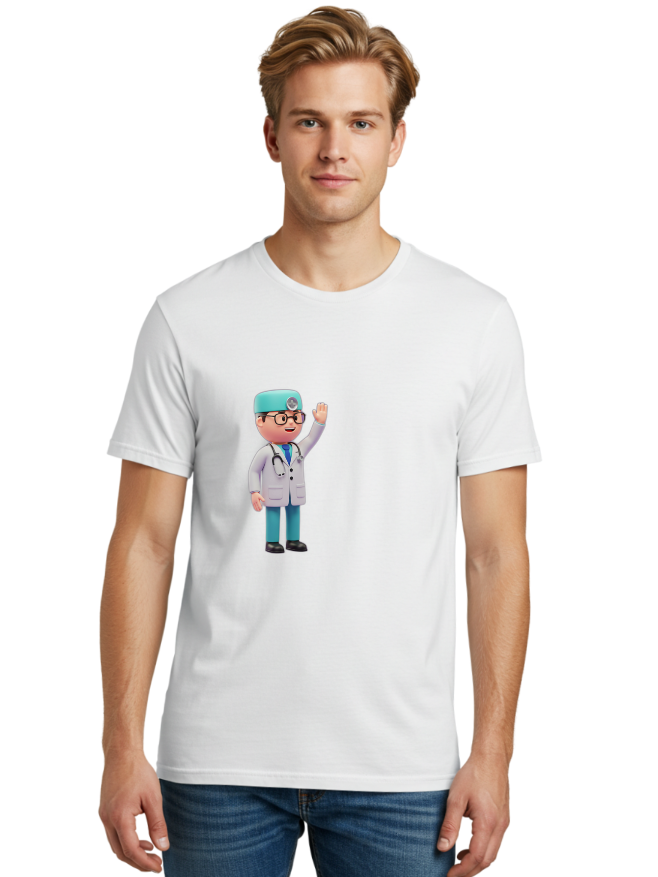 Doctor-3D-Character Men'S Graphic Tee, 100% Cotton, Comfortable Casual Summer Wear, Machine Washable, Cartoon Doctor, Medical Professional, Friendly Character, Waving Gesture, White Lab Coat, Stethoscope, Blue Scrubs, Healthcare Worker, Baa458