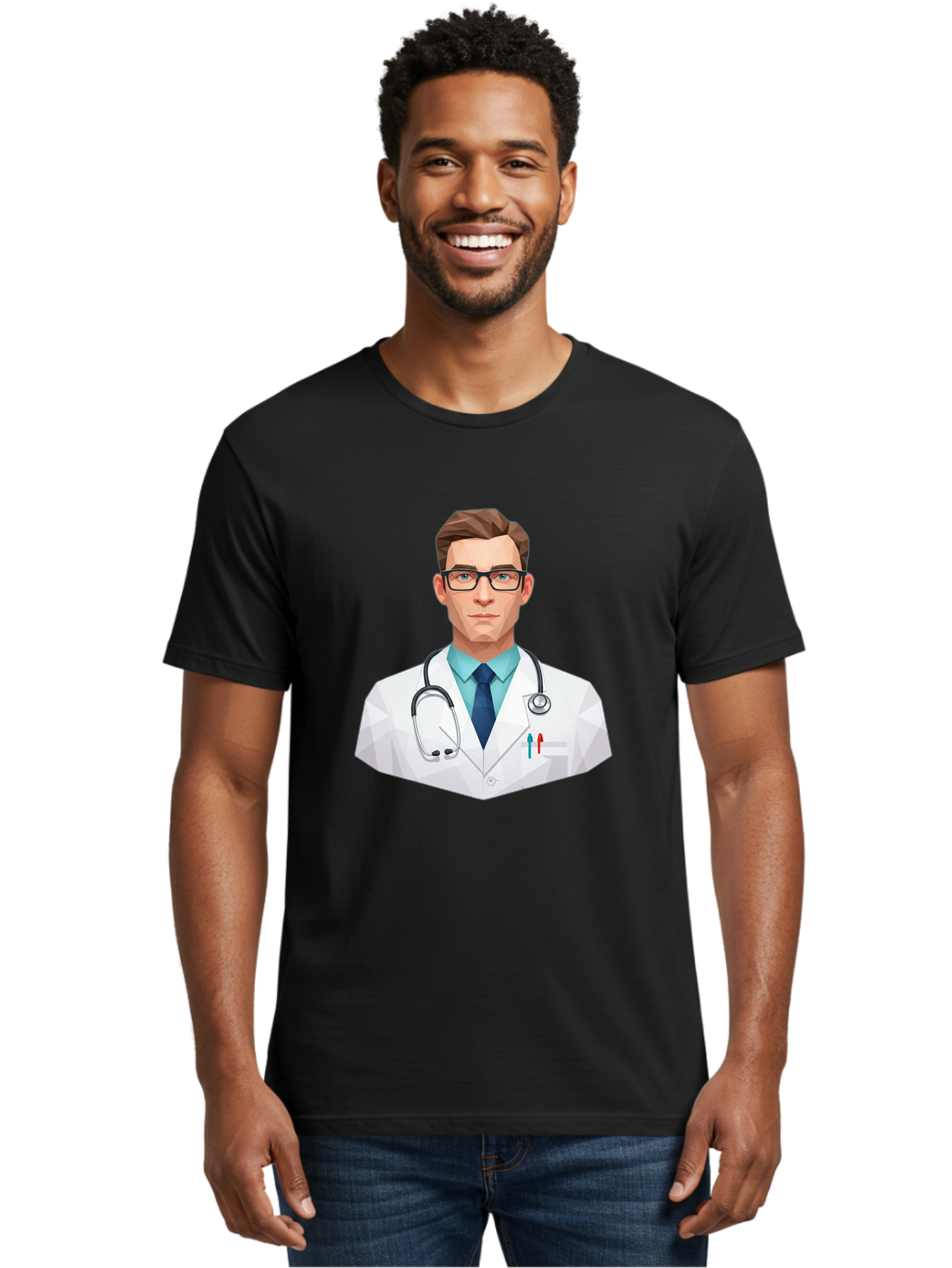 Doctor-4 Men'S Graphic Tee, 100% Cotton, Comfortable Casual Summer Wear, Machine Washable, Male Doctor, Medical Professional, Stethoscope Around Neck, White Lab Coat, Blue Shirt, Dark Blue Tie, Pens In Pocket, Glasses, Low Poly Style, Baa459