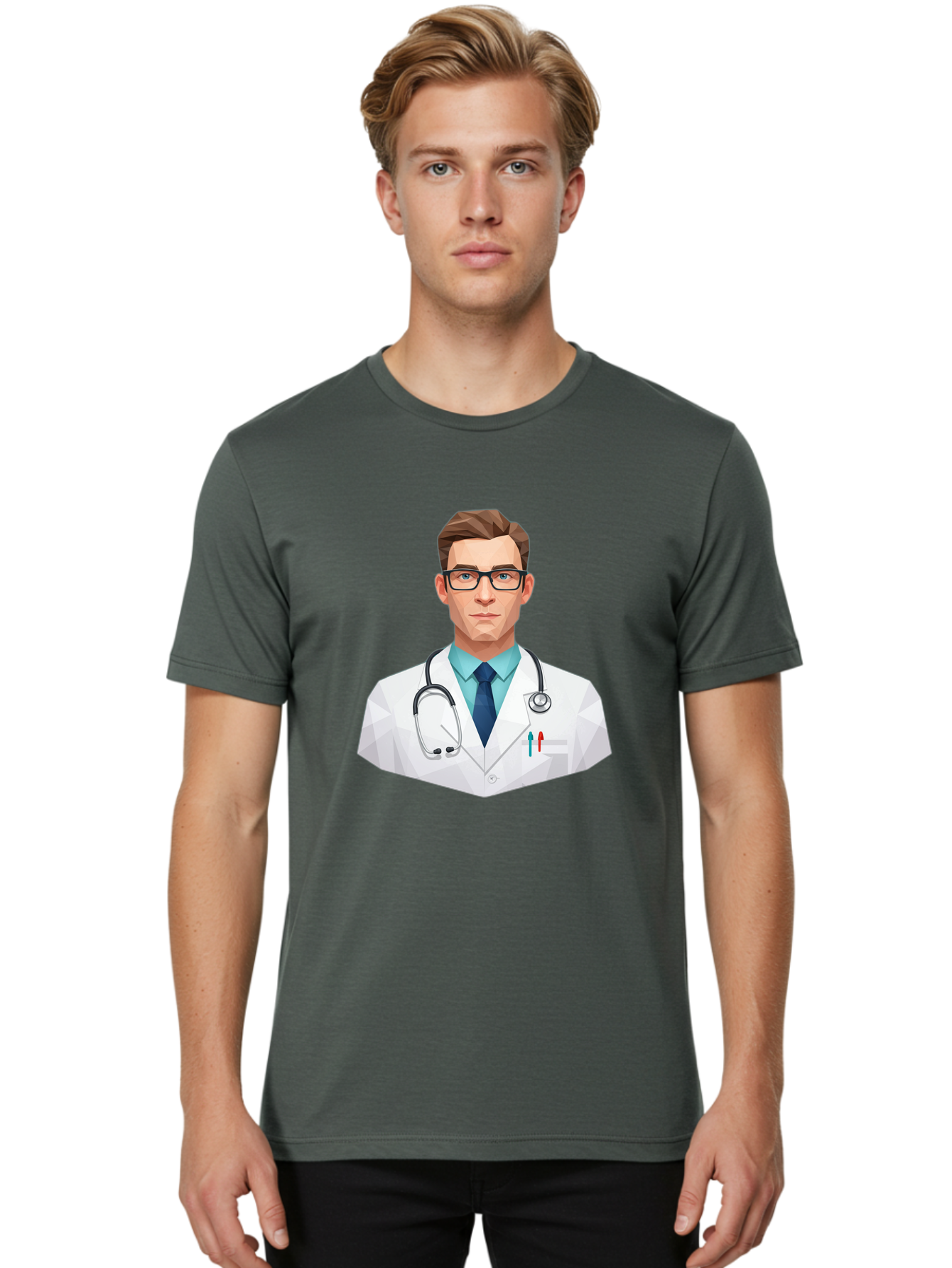 Doctor-4 Men'S Graphic Tee, 100% Cotton, Comfortable Casual Summer Wear, Machine Washable, Male Doctor, Medical Professional, Stethoscope Around Neck, White Lab Coat, Blue Shirt, Dark Blue Tie, Pens In Pocket, Glasses, Low Poly Style, Baa459