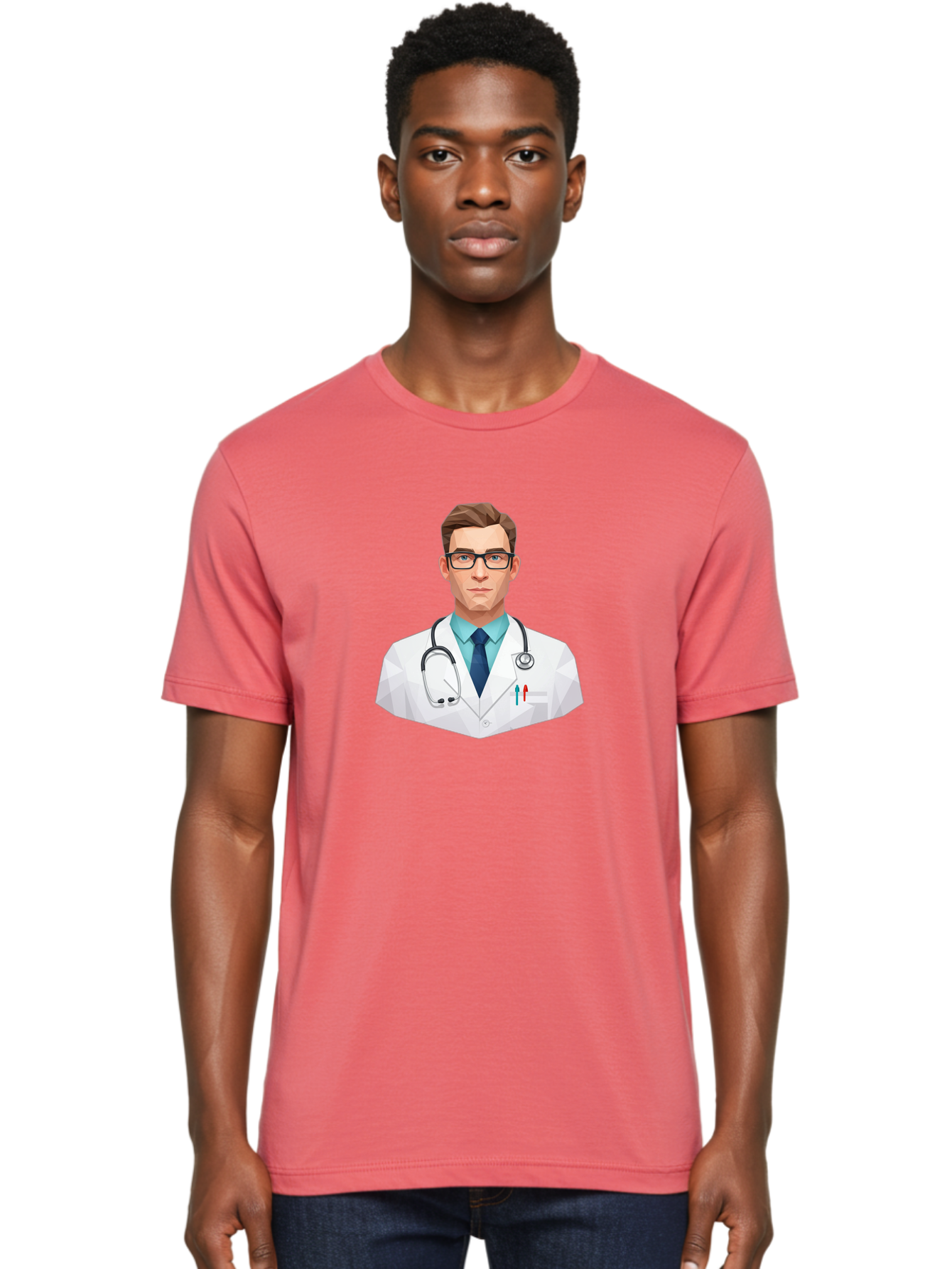 Doctor-4 Men'S Graphic Tee, 100% Cotton, Comfortable Casual Summer Wear, Machine Washable, Male Doctor, Medical Professional, Stethoscope Around Neck, White Lab Coat, Blue Shirt, Dark Blue Tie, Pens In Pocket, Glasses, Low Poly Style, Baa459
