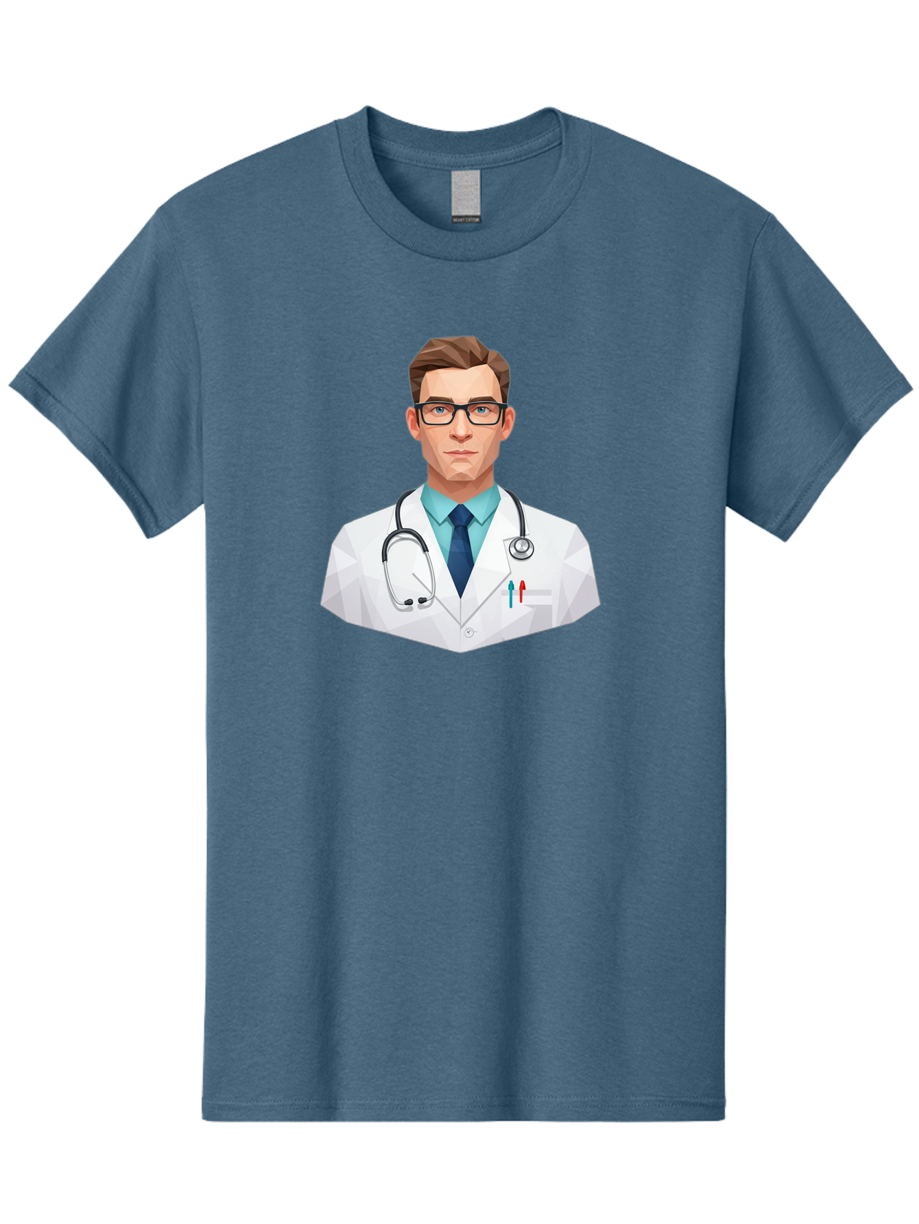 Doctor-4 Men'S Graphic Tee, 100% Cotton, Comfortable Casual Summer Wear, Machine Washable, Male Doctor, Medical Professional, Stethoscope Around Neck, White Lab Coat, Blue Shirt, Dark Blue Tie, Pens In Pocket, Glasses, Low Poly Style, Baa459