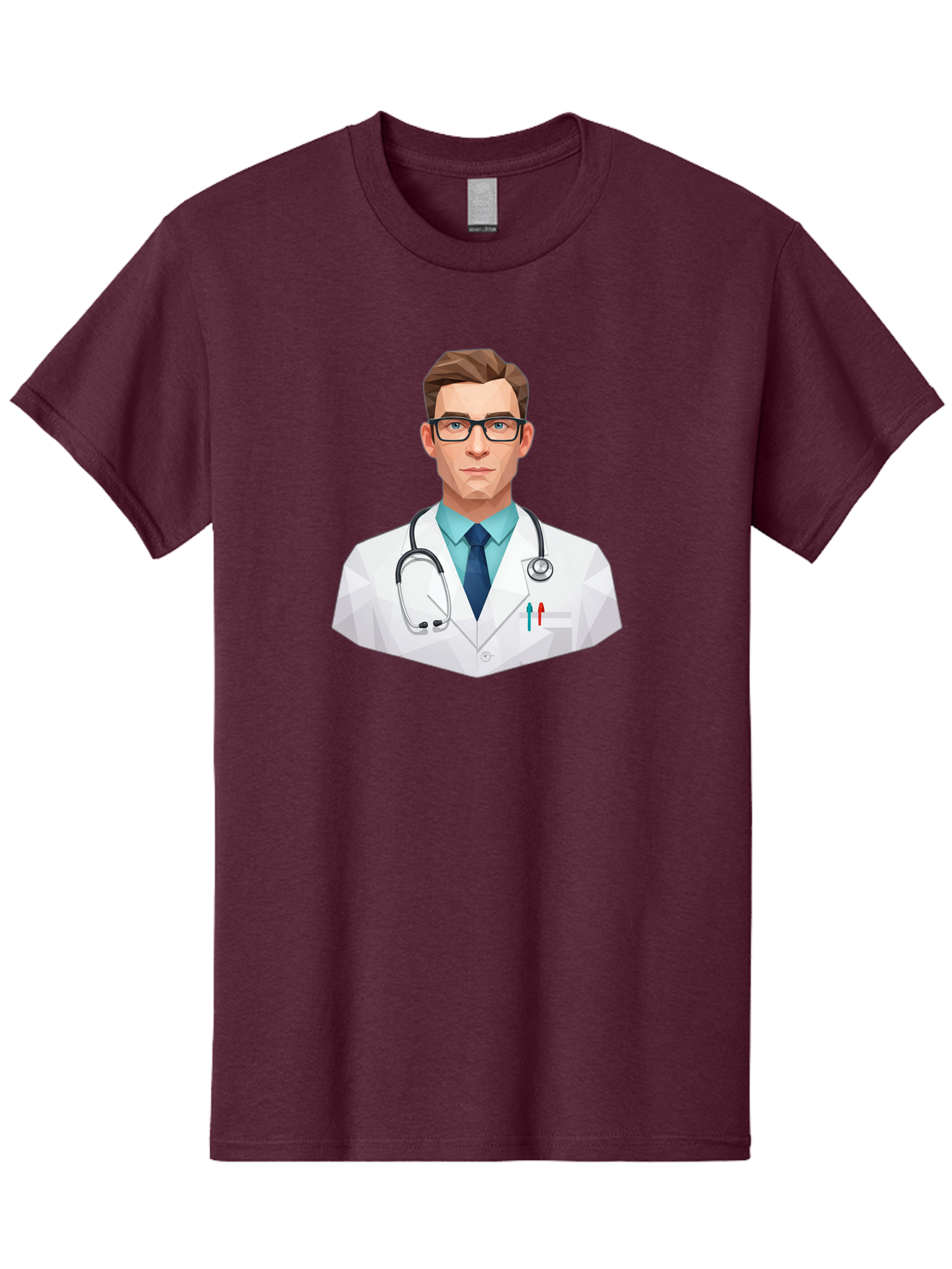 Doctor-4 Men'S Graphic Tee, 100% Cotton, Comfortable Casual Summer Wear, Machine Washable, Male Doctor, Medical Professional, Stethoscope Around Neck, White Lab Coat, Blue Shirt, Dark Blue Tie, Pens In Pocket, Glasses, Low Poly Style, Baa459