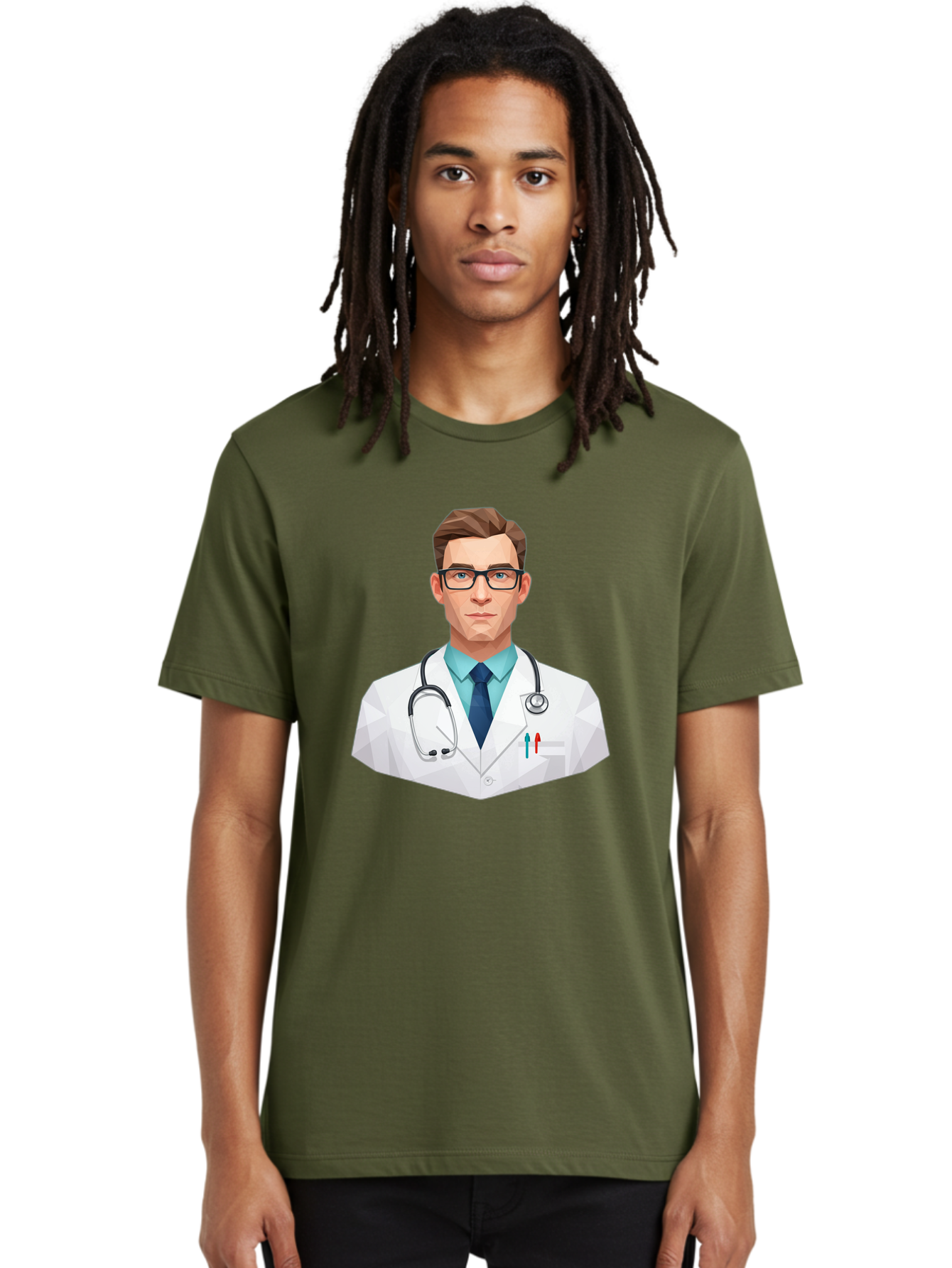 Doctor-4 Men'S Graphic Tee, 100% Cotton, Comfortable Casual Summer Wear, Machine Washable, Male Doctor, Medical Professional, Stethoscope Around Neck, White Lab Coat, Blue Shirt, Dark Blue Tie, Pens In Pocket, Glasses, Low Poly Style, Baa459