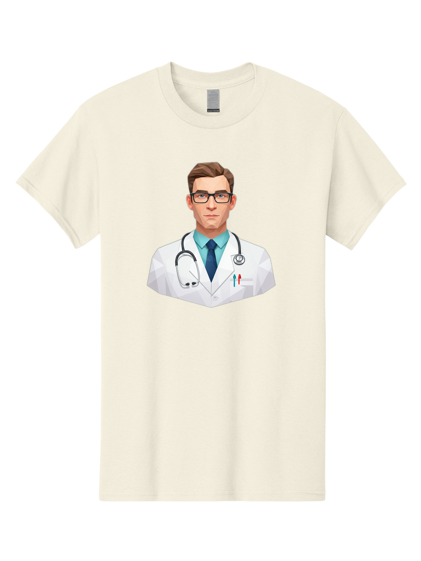Doctor-4 Men'S Graphic Tee, 100% Cotton, Comfortable Casual Summer Wear, Machine Washable, Male Doctor, Medical Professional, Stethoscope Around Neck, White Lab Coat, Blue Shirt, Dark Blue Tie, Pens In Pocket, Glasses, Low Poly Style, Baa459