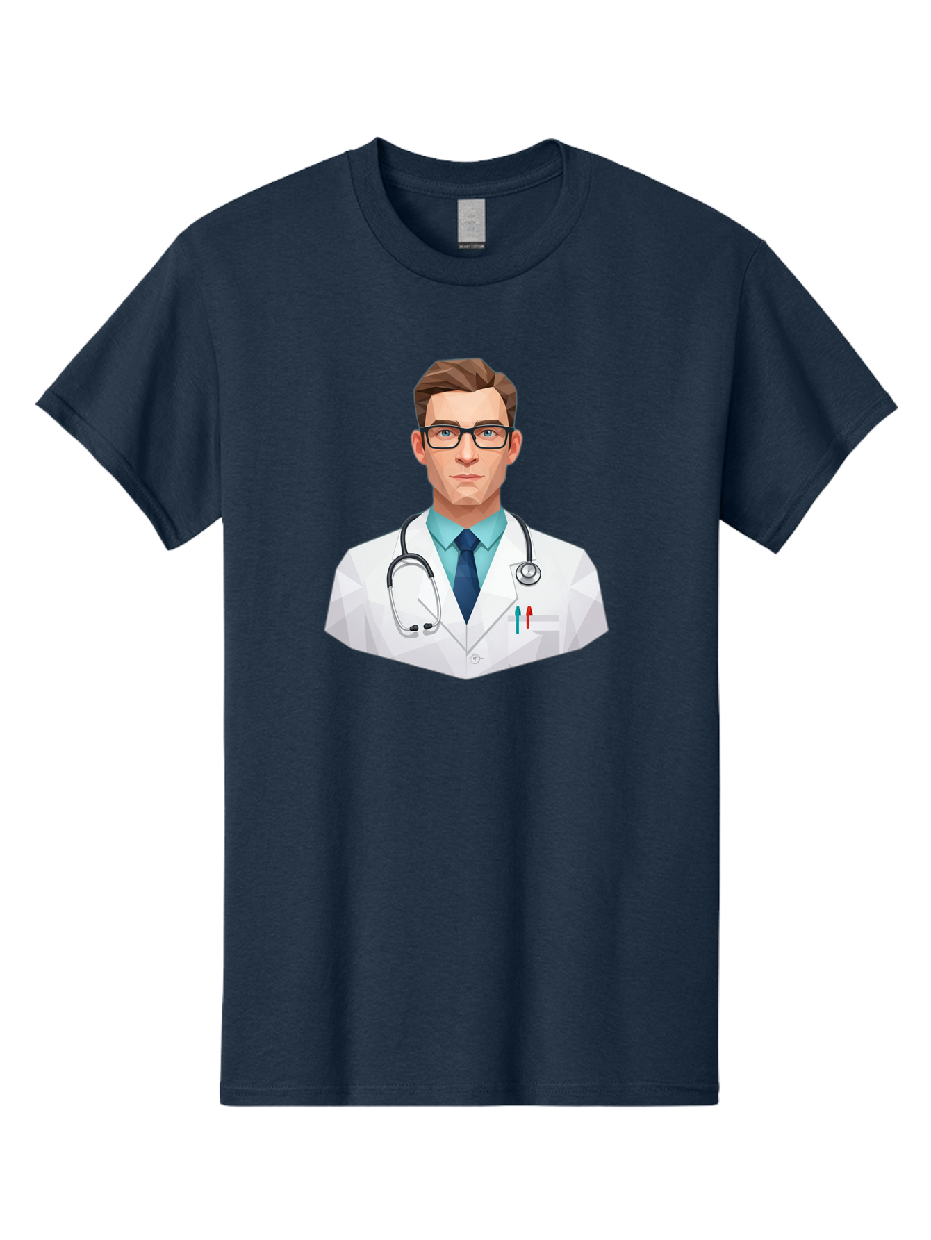 Doctor-4 Men'S Graphic Tee, 100% Cotton, Comfortable Casual Summer Wear, Machine Washable, Male Doctor, Medical Professional, Stethoscope Around Neck, White Lab Coat, Blue Shirt, Dark Blue Tie, Pens In Pocket, Glasses, Low Poly Style, Baa459