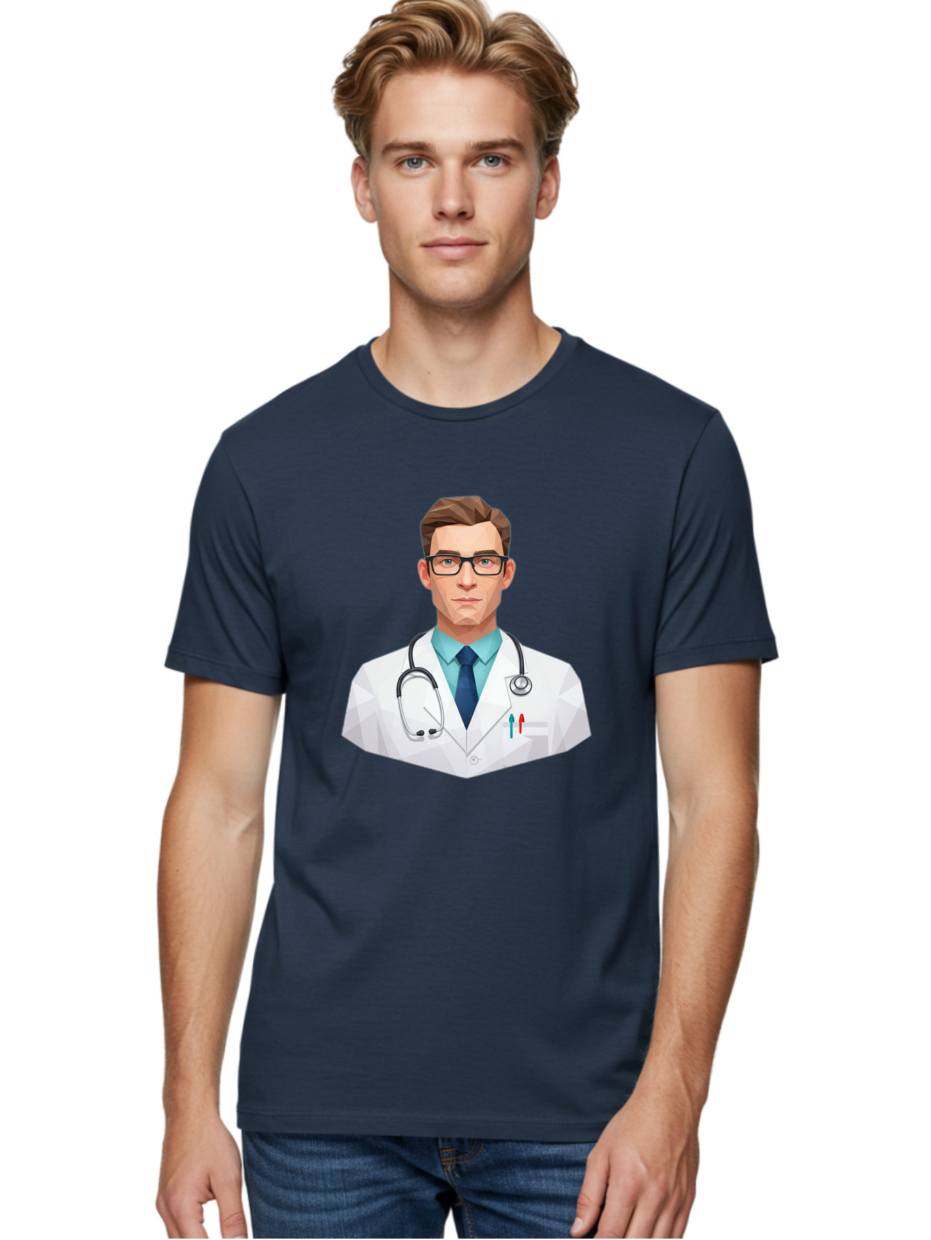 Doctor-4 Men'S Graphic Tee, 100% Cotton, Comfortable Casual Summer Wear, Machine Washable, Male Doctor, Medical Professional, Stethoscope Around Neck, White Lab Coat, Blue Shirt, Dark Blue Tie, Pens In Pocket, Glasses, Low Poly Style, Baa459