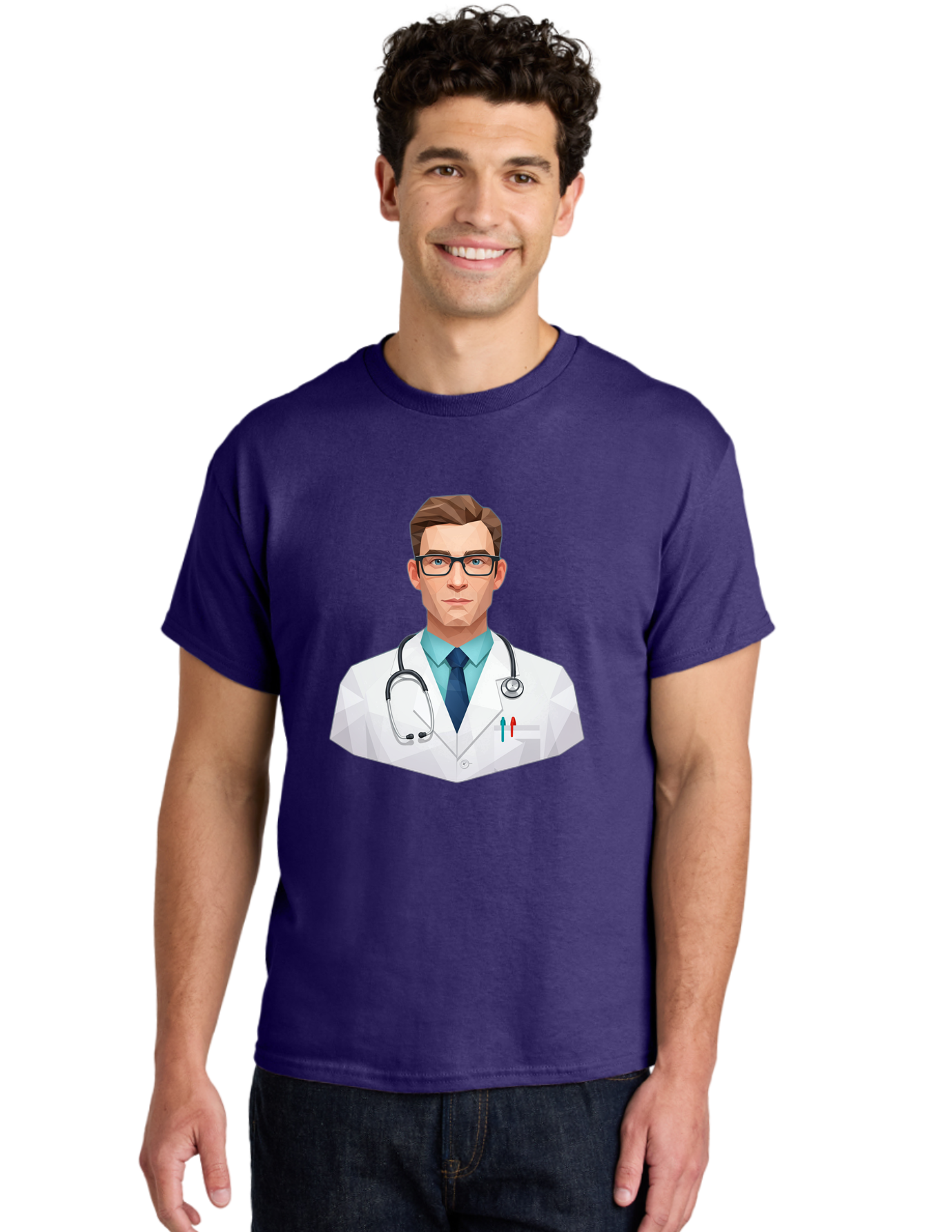Doctor-4 Men'S Graphic Tee, 100% Cotton, Comfortable Casual Summer Wear, Machine Washable, Male Doctor, Medical Professional, Stethoscope Around Neck, White Lab Coat, Blue Shirt, Dark Blue Tie, Pens In Pocket, Glasses, Low Poly Style, Baa459