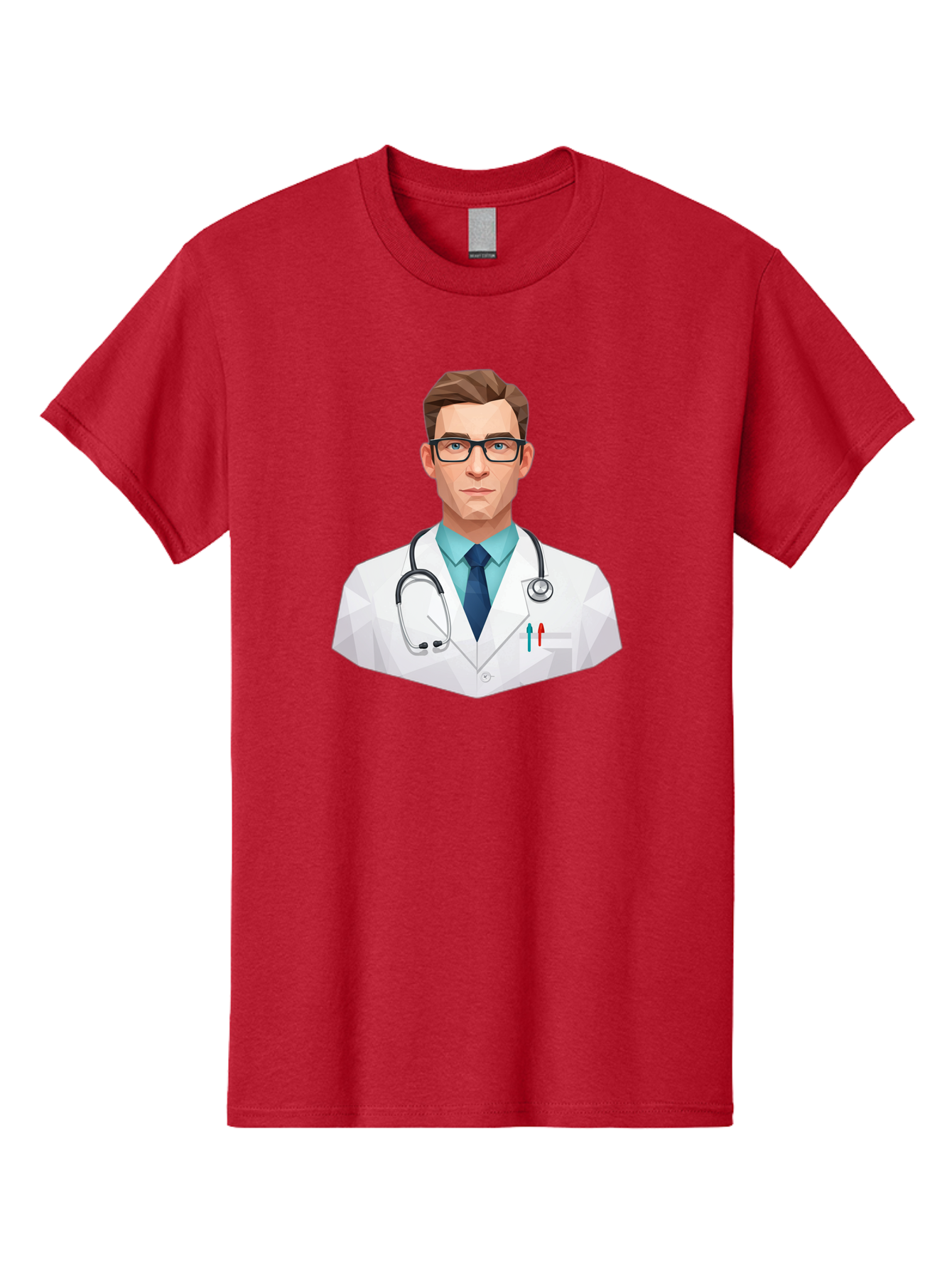 Doctor-4 Men'S Graphic Tee, 100% Cotton, Comfortable Casual Summer Wear, Machine Washable, Male Doctor, Medical Professional, Stethoscope Around Neck, White Lab Coat, Blue Shirt, Dark Blue Tie, Pens In Pocket, Glasses, Low Poly Style, Baa459