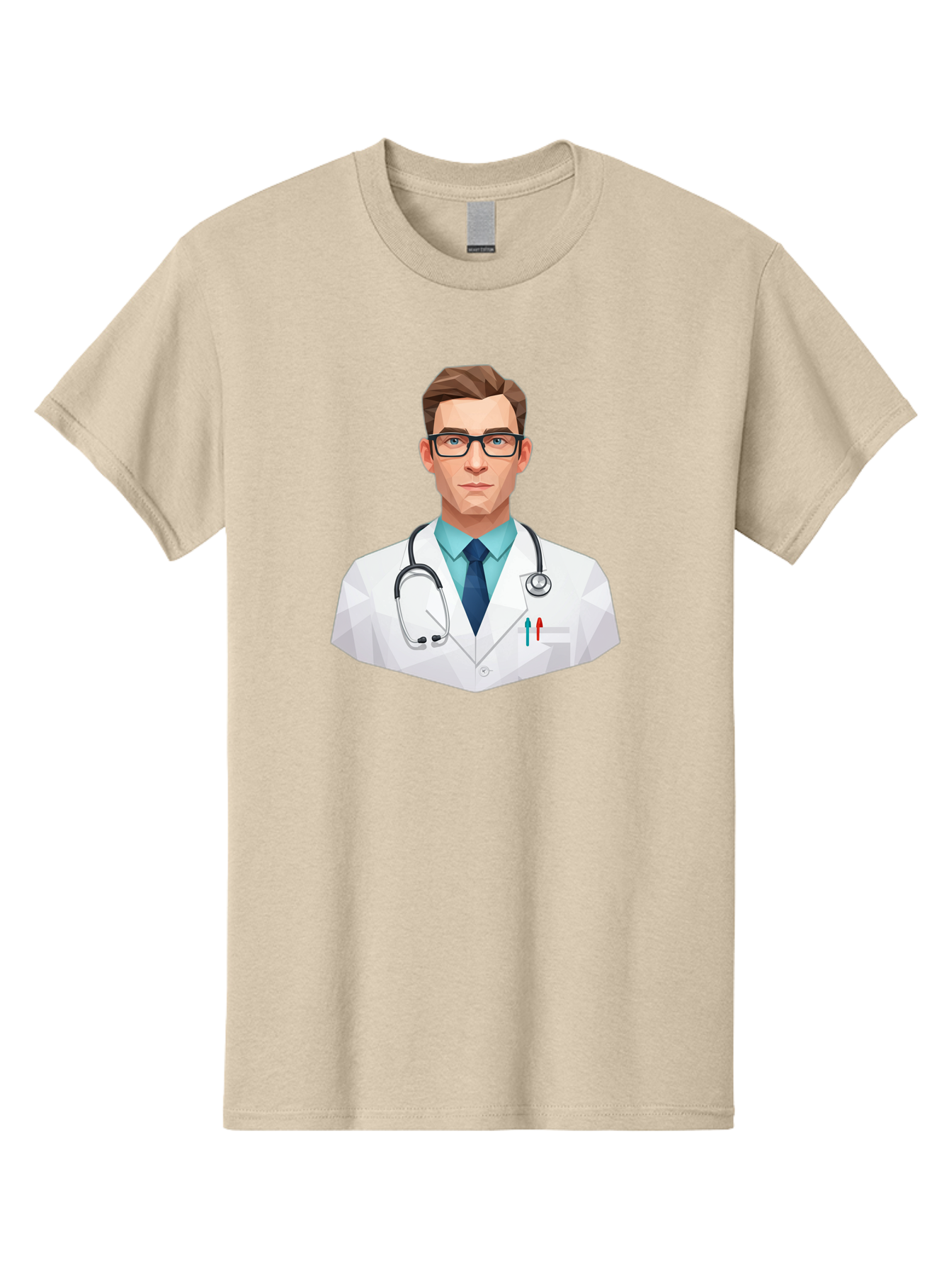Doctor-4 Men'S Graphic Tee, 100% Cotton, Comfortable Casual Summer Wear, Machine Washable, Male Doctor, Medical Professional, Stethoscope Around Neck, White Lab Coat, Blue Shirt, Dark Blue Tie, Pens In Pocket, Glasses, Low Poly Style, Baa459