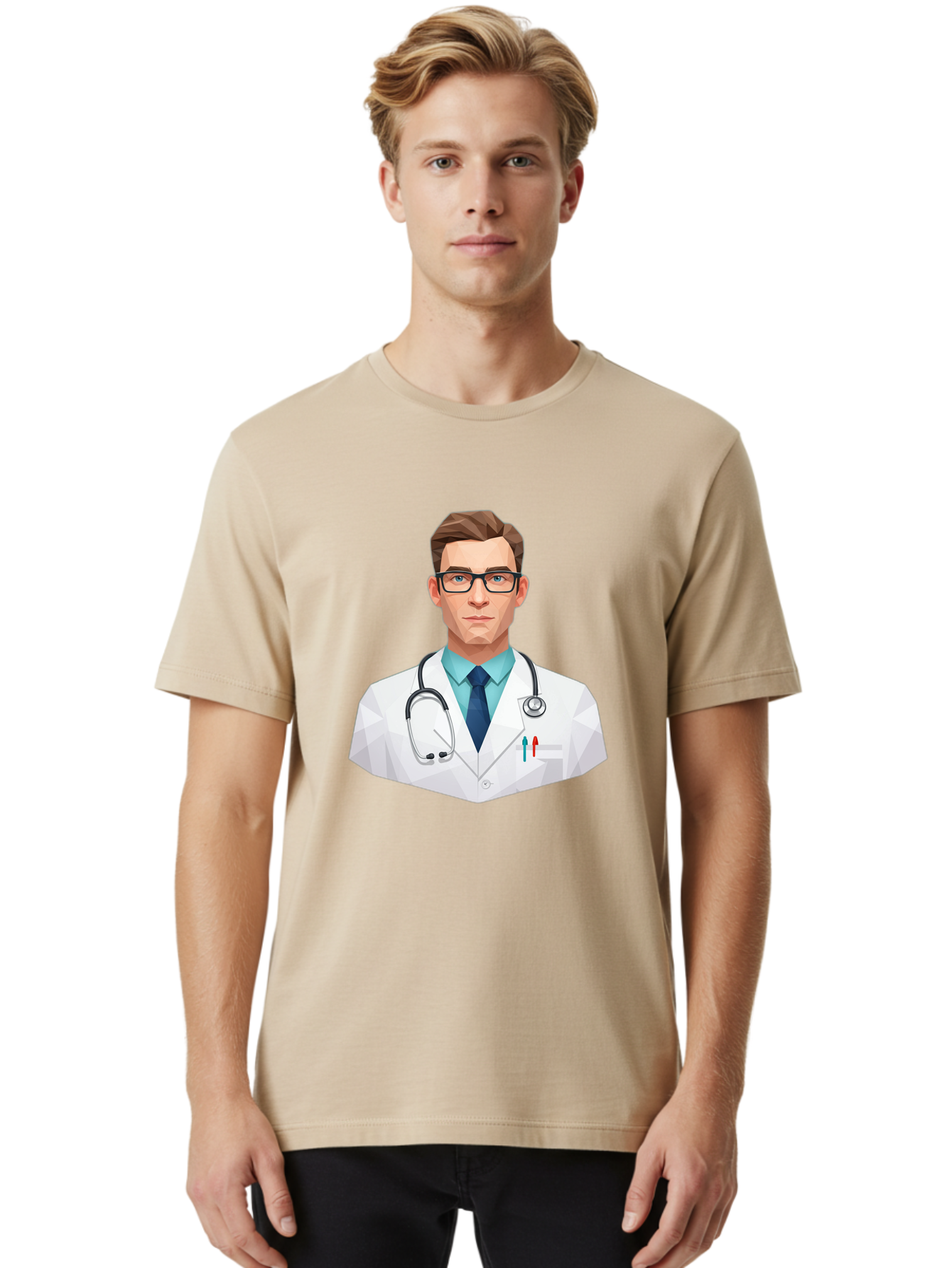 Doctor-4 Men'S Graphic Tee, 100% Cotton, Comfortable Casual Summer Wear, Machine Washable, Male Doctor, Medical Professional, Stethoscope Around Neck, White Lab Coat, Blue Shirt, Dark Blue Tie, Pens In Pocket, Glasses, Low Poly Style, Baa459