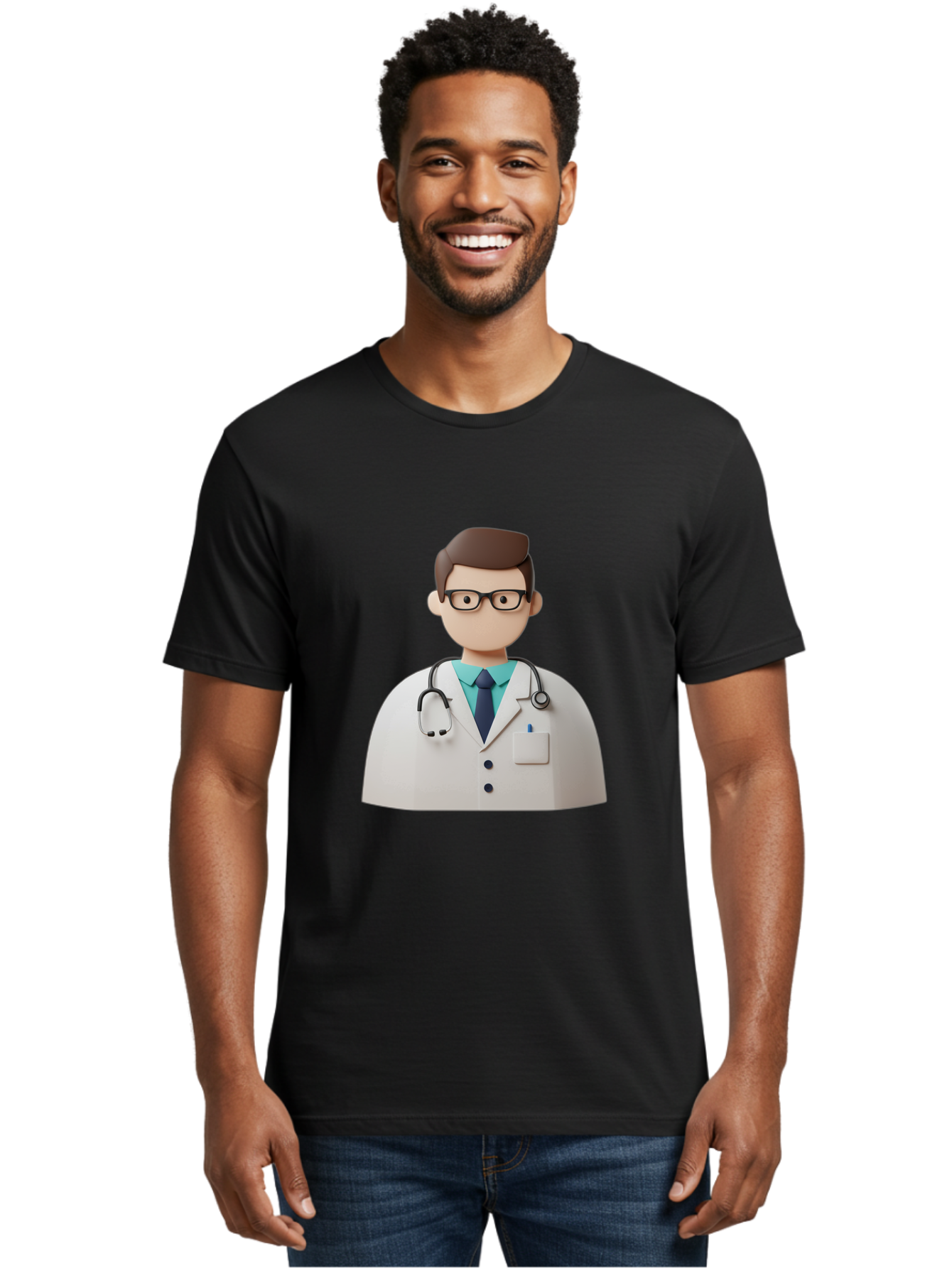 Doctor-5 Men'S Graphic Tee, 100% Cotton, Comfortable Casual Summer Wear, Machine Washable, 3D Cartoon Doctor, Medical Professional, Stethoscope Around Neck, White Lab Coat, Glasses, Blue Shirt, Dark Blue Tie, Healthcare, Medical Care, Baa460