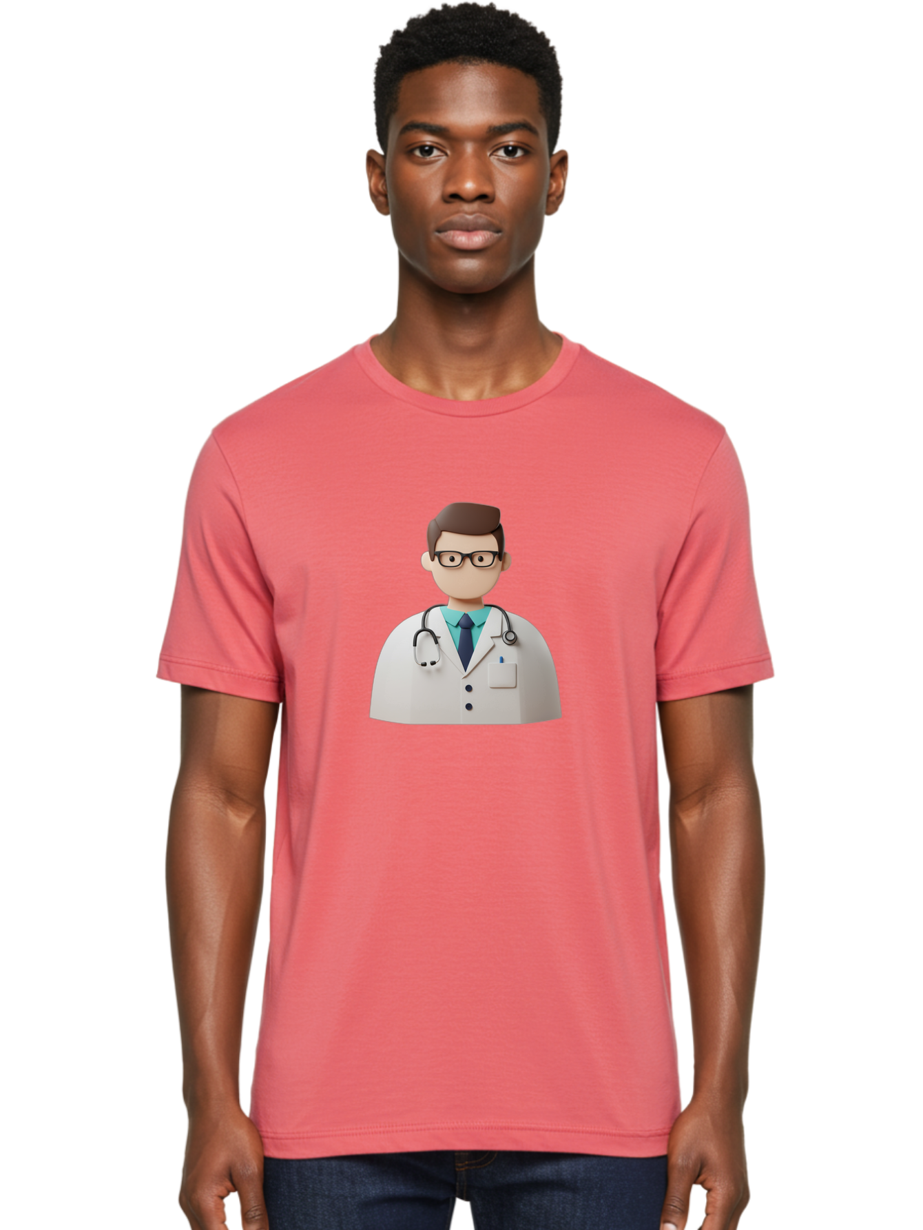 Doctor-5 Men'S Graphic Tee, 100% Cotton, Comfortable Casual Summer Wear, Machine Washable, 3D Cartoon Doctor, Medical Professional, Stethoscope Around Neck, White Lab Coat, Glasses, Blue Shirt, Dark Blue Tie, Healthcare, Medical Care, Baa460