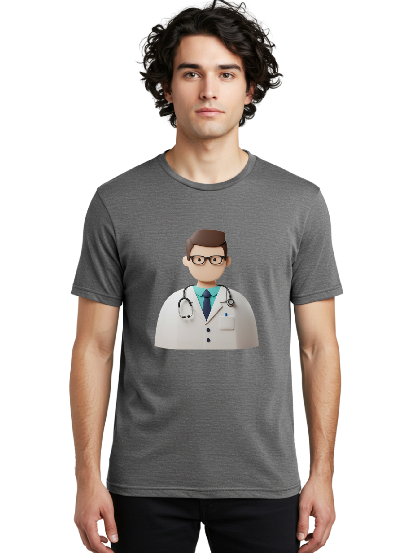 Doctor-5 Men'S Graphic Tee, 100% Cotton, Comfortable Casual Summer Wear, Machine Washable, 3D Cartoon Doctor, Medical Professional, Stethoscope Around Neck, White Lab Coat, Glasses, Blue Shirt, Dark Blue Tie, Healthcare, Medical Care, Baa460