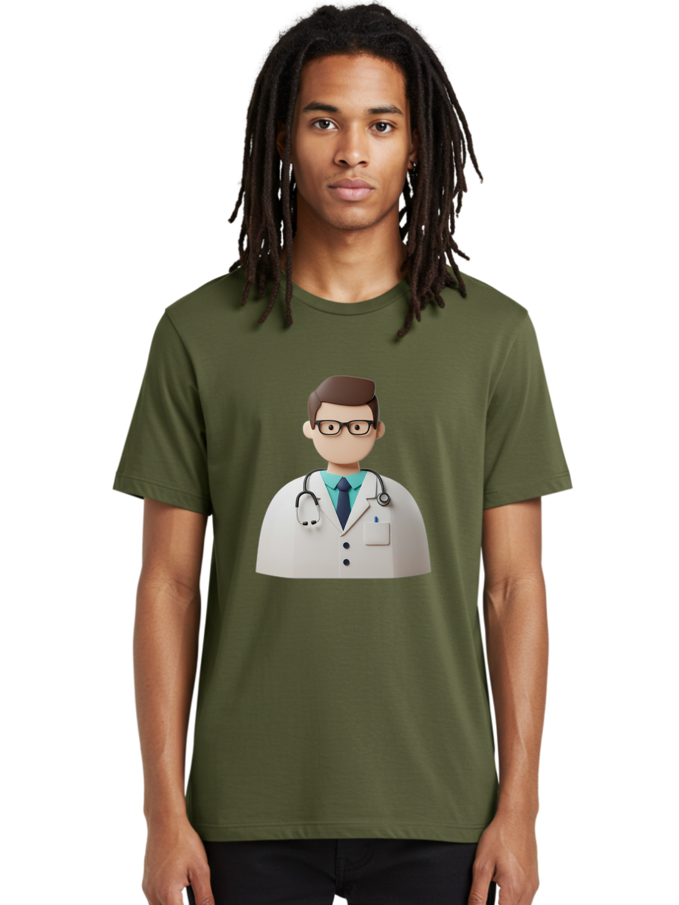 Doctor-5 Men'S Graphic Tee, 100% Cotton, Comfortable Casual Summer Wear, Machine Washable, 3D Cartoon Doctor, Medical Professional, Stethoscope Around Neck, White Lab Coat, Glasses, Blue Shirt, Dark Blue Tie, Healthcare, Medical Care, Baa460