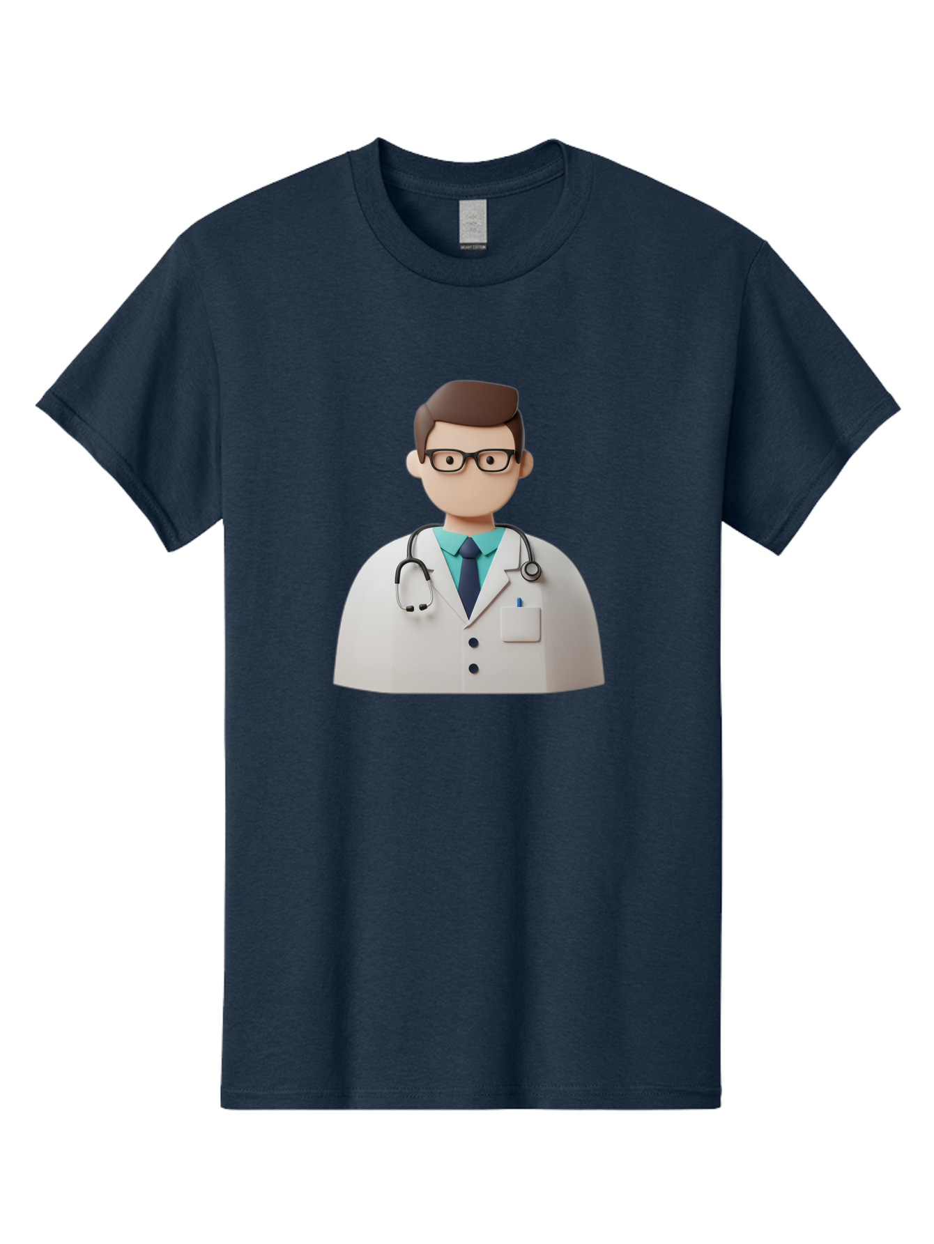 Doctor-5 Men'S Graphic Tee, 100% Cotton, Comfortable Casual Summer Wear, Machine Washable, 3D Cartoon Doctor, Medical Professional, Stethoscope Around Neck, White Lab Coat, Glasses, Blue Shirt, Dark Blue Tie, Healthcare, Medical Care, Baa460