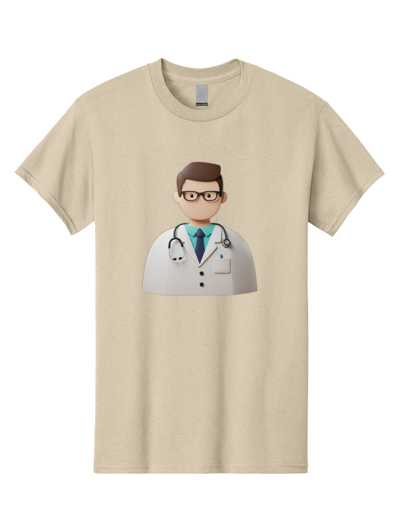 Doctor-5 Men'S Graphic Tee, 100% Cotton, Comfortable Casual Summer Wear, Machine Washable, 3D Cartoon Doctor, Medical Professional, Stethoscope Around Neck, White Lab Coat, Glasses, Blue Shirt, Dark Blue Tie, Healthcare, Medical Care, Baa460