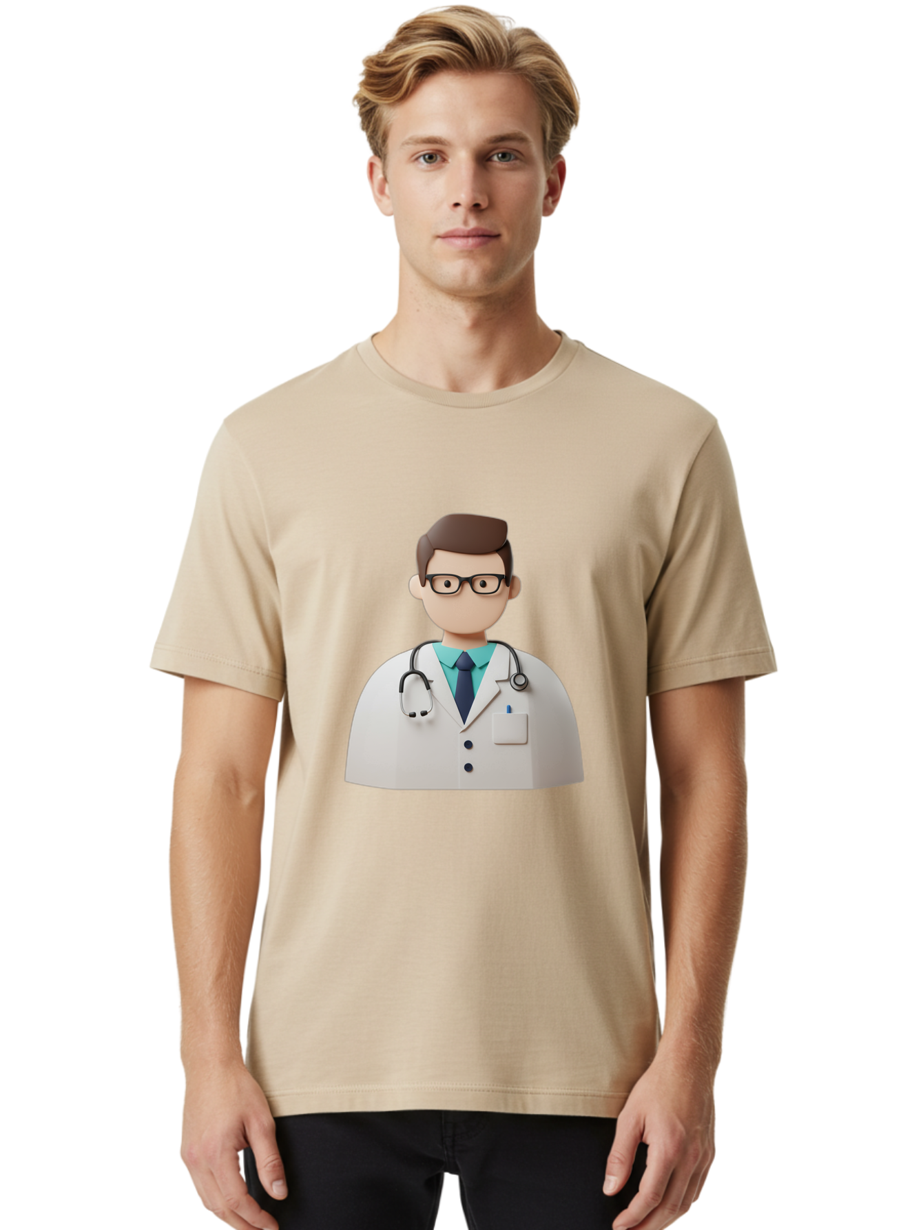 Doctor-5 Men'S Graphic Tee, 100% Cotton, Comfortable Casual Summer Wear, Machine Washable, 3D Cartoon Doctor, Medical Professional, Stethoscope Around Neck, White Lab Coat, Glasses, Blue Shirt, Dark Blue Tie, Healthcare, Medical Care, Baa460
