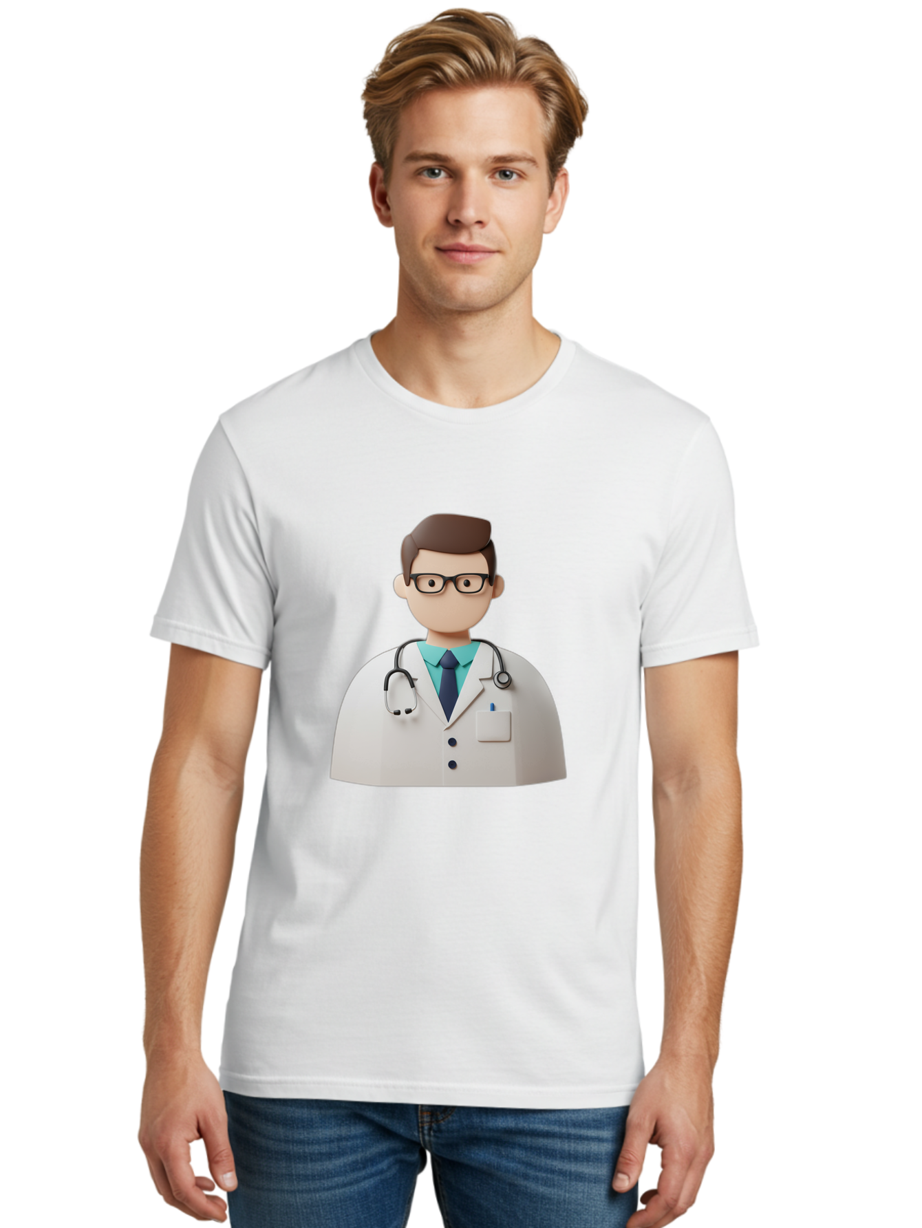 Doctor-5 Men'S Graphic Tee, 100% Cotton, Comfortable Casual Summer Wear, Machine Washable, 3D Cartoon Doctor, Medical Professional, Stethoscope Around Neck, White Lab Coat, Glasses, Blue Shirt, Dark Blue Tie, Healthcare, Medical Care, Baa460