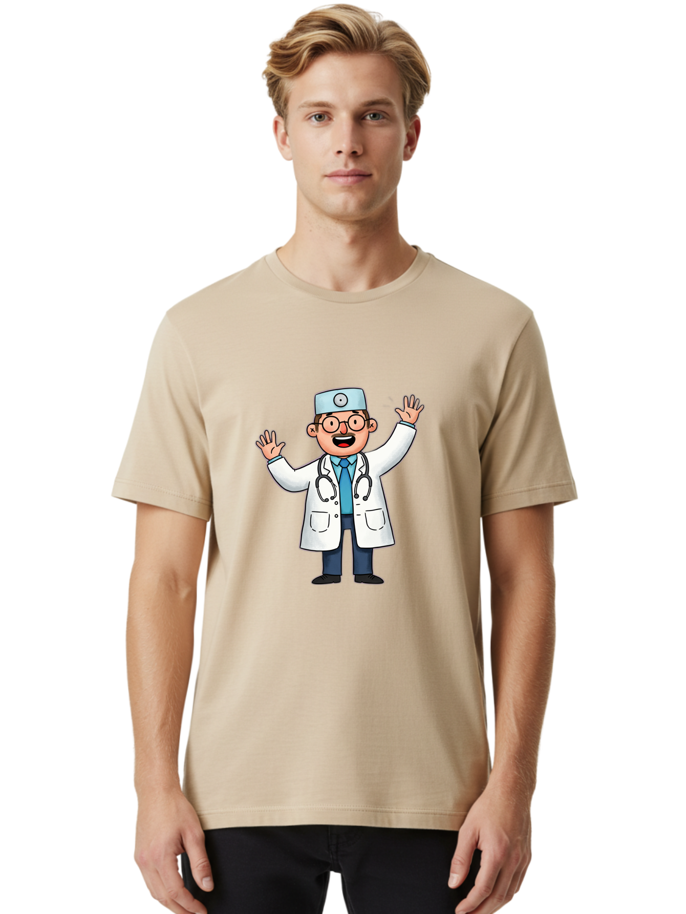 Doctor-6 Men'S Graphic Tee, 100% Cotton, Comfortable Casual Summer Wear, Machine Washable, Cartoon Doctor, Healthcare Professional, Medical Illustration, White Lab Coat, Stethoscope, Blue Tie, Smiling Doctor, Friendly Gesture, Baa461