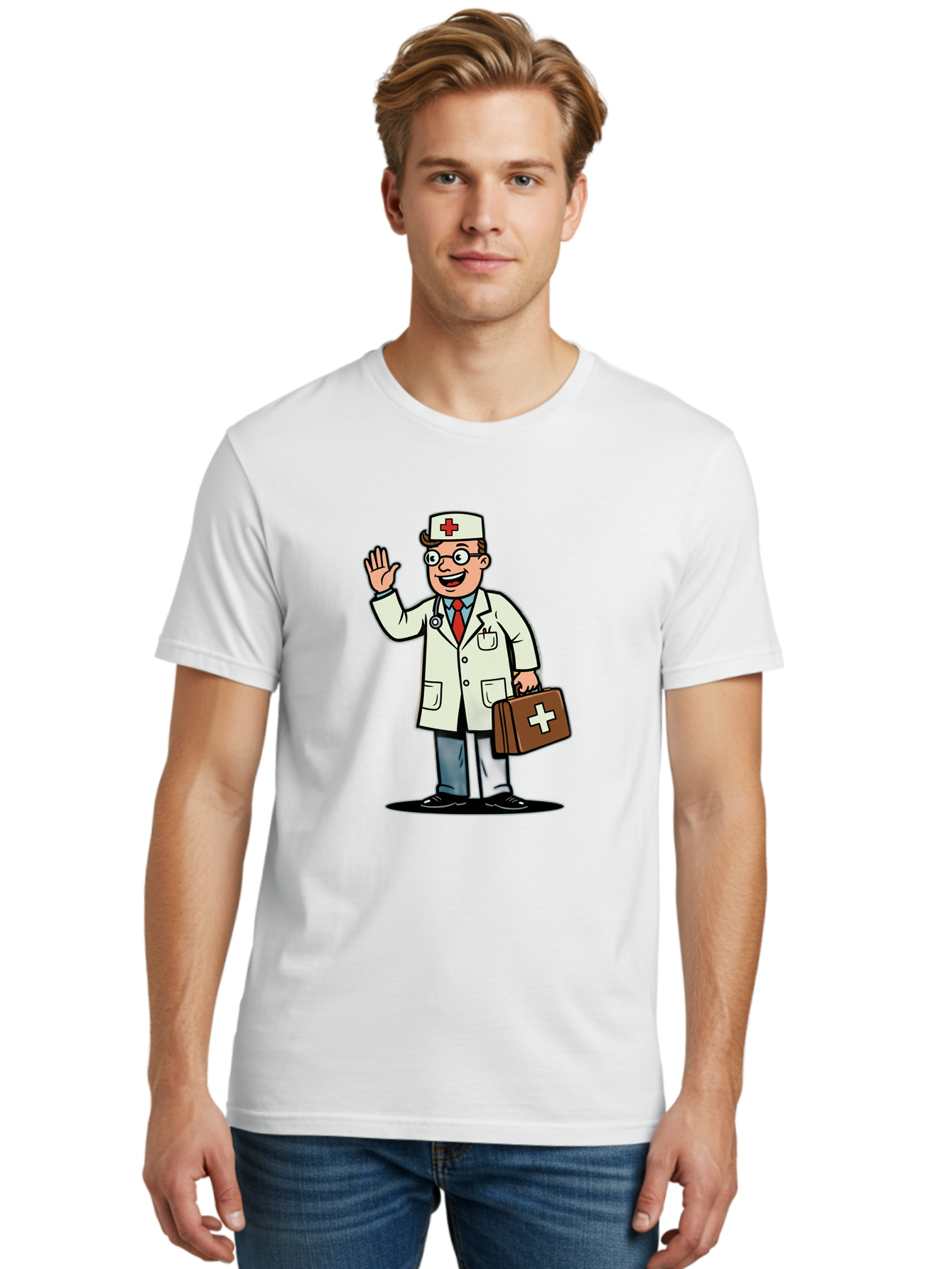 Doctor-7 Men'S Graphic Tee, 100% Cotton, Comfortable Casual Summer Wear, Machine Washable, Cartoon Doctor, Medical Professional, First Aid Kit, Red Cross, Healthcare Worker, Friendly Doctor, Medical Assistance, Doctor'S Kit, Health Care Baa462