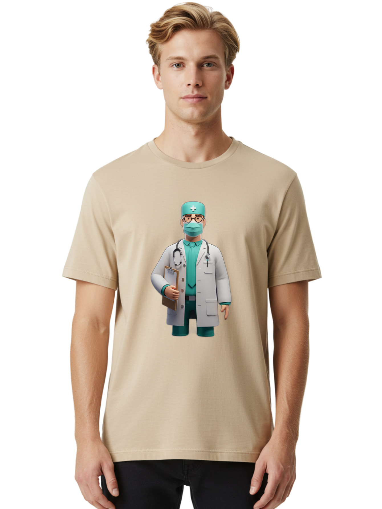 Doctor-9 Men'S Graphic Tee, 100% Cotton, Comfortable Casual Summer Wear, Machine Washable, 3D Cartoon Doctor, Medical Professional, White Coat, Stethoscope, Clipboard, Surgical Mask, Medical Hat, Healthcare Worker, Medical Attire, Baa464