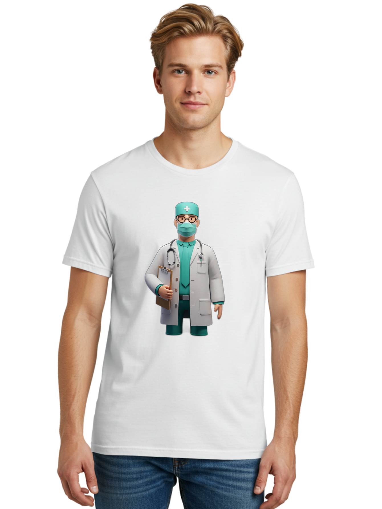 Doctor-9 Men'S Graphic Tee, 100% Cotton, Comfortable Casual Summer Wear, Machine Washable, 3D Cartoon Doctor, Medical Professional, White Coat, Stethoscope, Clipboard, Surgical Mask, Medical Hat, Healthcare Worker, Medical Attire, Baa464