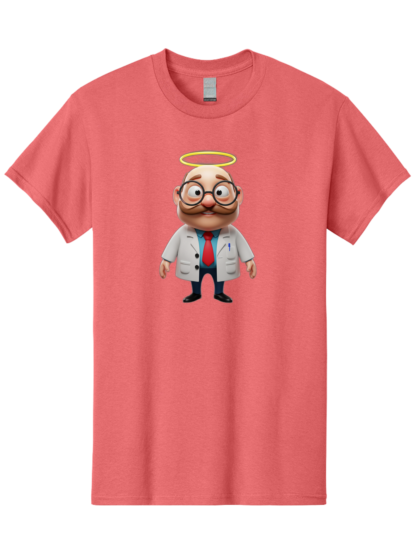 Doctor-Angel Men'S Graphic Tee, 100% Cotton, Comfortable Casual Summer Wear, Machine Washable, Cartoon Doctor, 3D Character, Bald Man, White Lab Coat, Red Tie, Blue Shirt, Black Shoes, Round Glasses, Mustache, Halo, Saintly Figure, Baa465