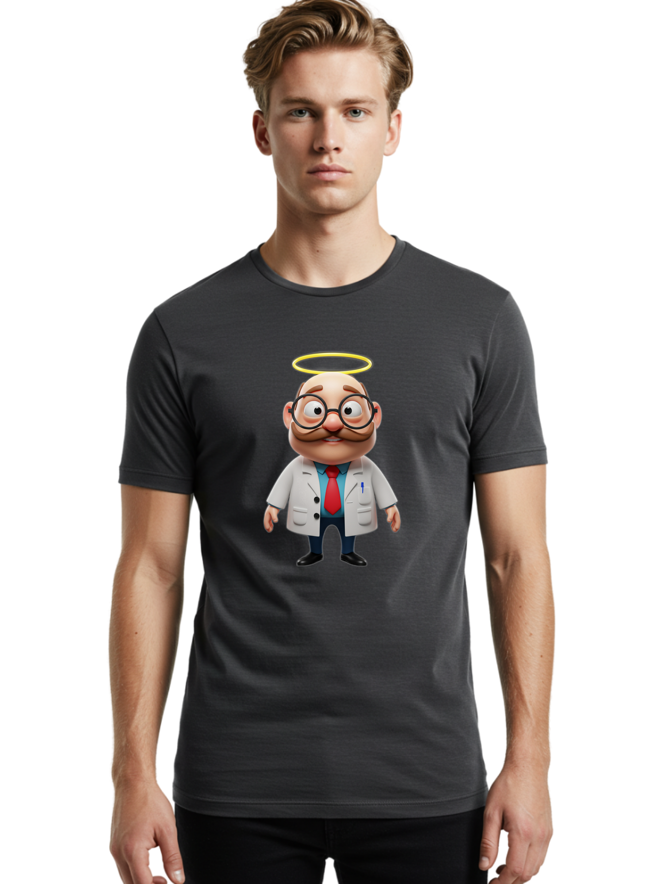 Doctor-Angel Men'S Graphic Tee, 100% Cotton, Comfortable Casual Summer Wear, Machine Washable, Cartoon Doctor, 3D Character, Bald Man, White Lab Coat, Red Tie, Blue Shirt, Black Shoes, Round Glasses, Mustache, Halo, Saintly Figure, Baa465