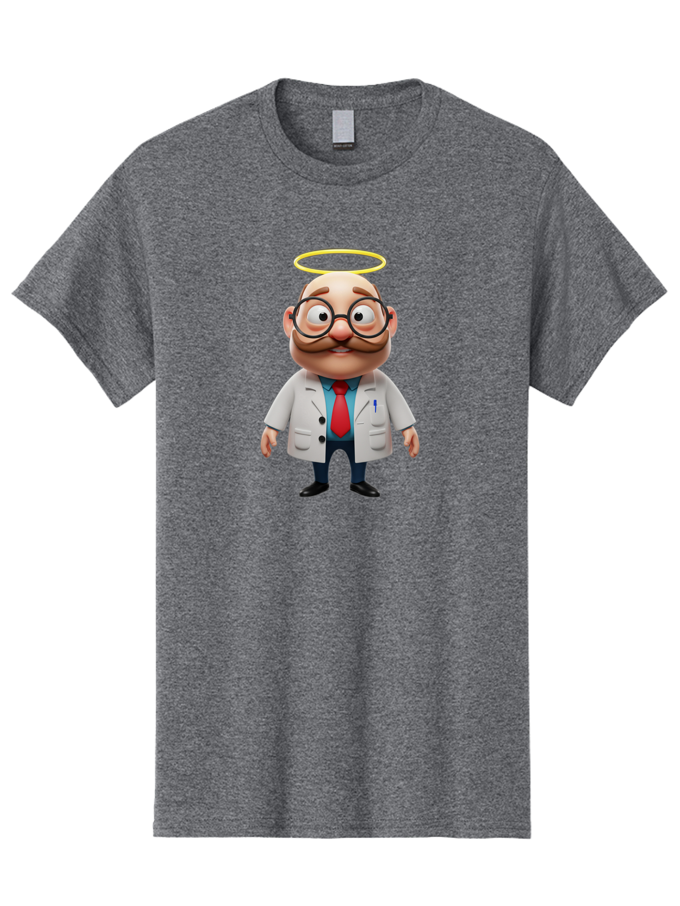 Doctor-Angel Men'S Graphic Tee, 100% Cotton, Comfortable Casual Summer Wear, Machine Washable, Cartoon Doctor, 3D Character, Bald Man, White Lab Coat, Red Tie, Blue Shirt, Black Shoes, Round Glasses, Mustache, Halo, Saintly Figure, Baa465