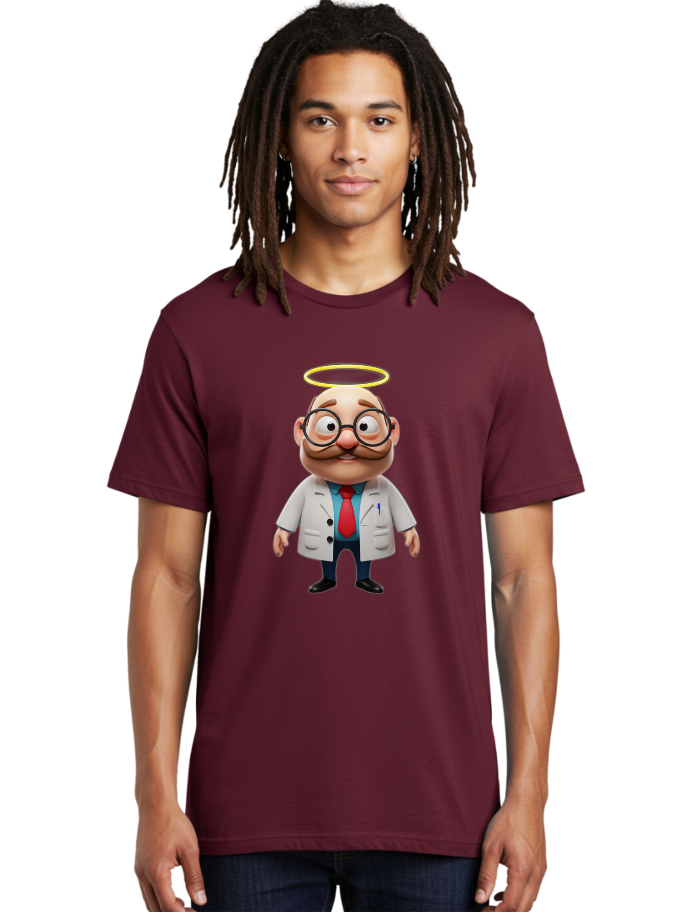 Doctor-Angel Men'S Graphic Tee, 100% Cotton, Comfortable Casual Summer Wear, Machine Washable, Cartoon Doctor, 3D Character, Bald Man, White Lab Coat, Red Tie, Blue Shirt, Black Shoes, Round Glasses, Mustache, Halo, Saintly Figure, Baa465