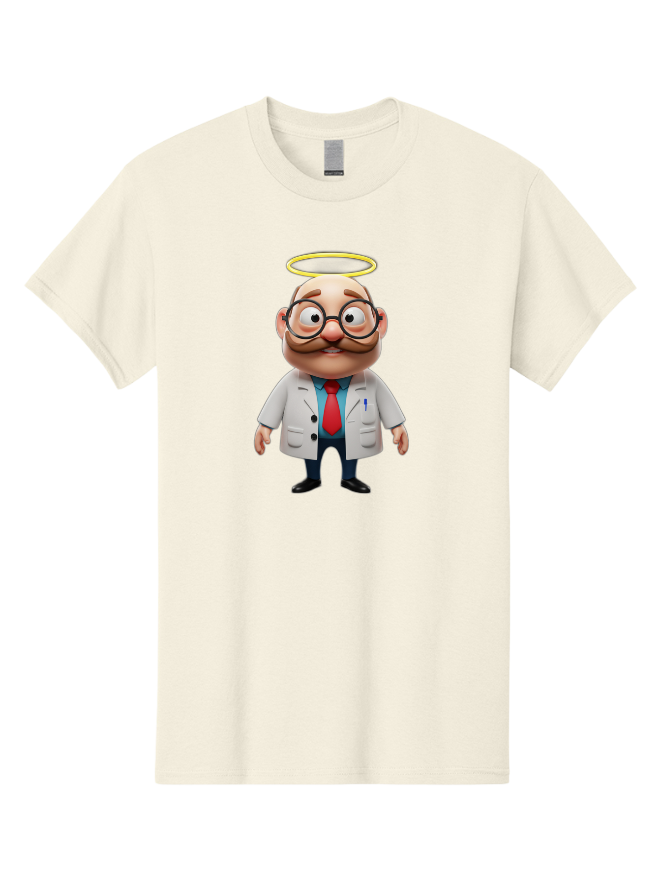 Doctor-Angel Men'S Graphic Tee, 100% Cotton, Comfortable Casual Summer Wear, Machine Washable, Cartoon Doctor, 3D Character, Bald Man, White Lab Coat, Red Tie, Blue Shirt, Black Shoes, Round Glasses, Mustache, Halo, Saintly Figure, Baa465