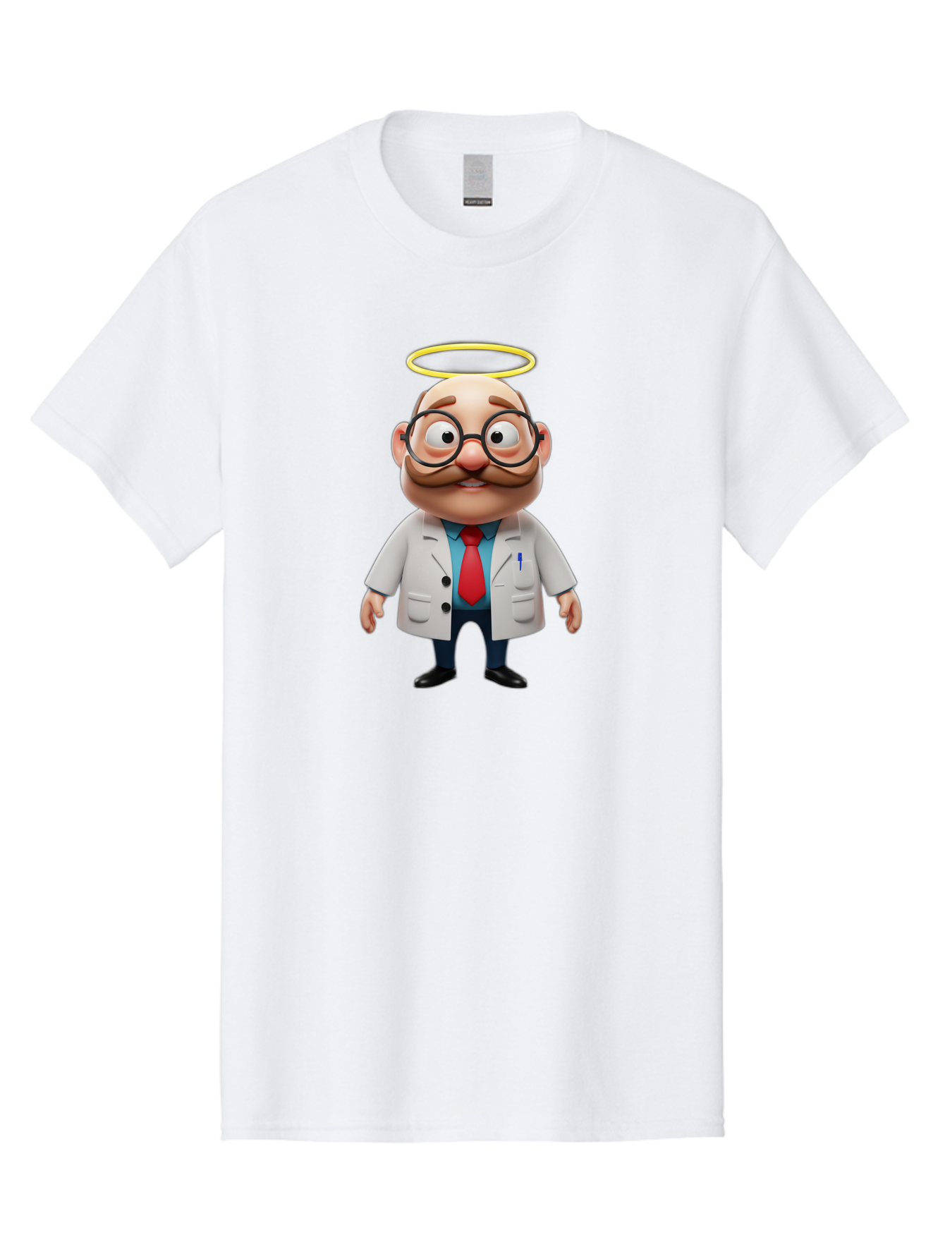 Doctor-Angel Men'S Graphic Tee, 100% Cotton, Comfortable Casual Summer Wear, Machine Washable, Cartoon Doctor, 3D Character, Bald Man, White Lab Coat, Red Tie, Blue Shirt, Black Shoes, Round Glasses, Mustache, Halo, Saintly Figure, Baa465
