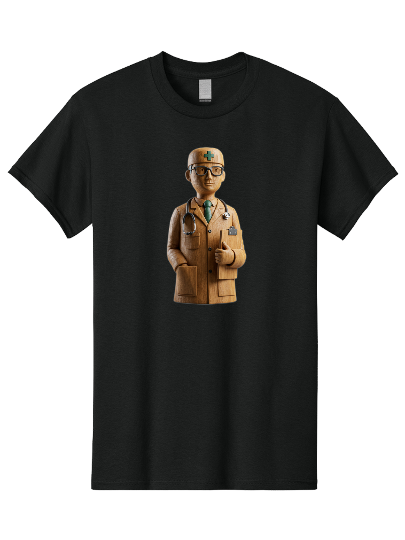 Doctor-Bust Men'S Graphic Tee, 100% Cotton, Comfortable Casual Summer Wear, Machine Washable, Wooden Doctor Figurine, Stethoscope Around Neck, Green Cross On Hat, Medical Professional, Giving A Thumbs Up, Wooden Statue, Doctor Sculpture, Baa466