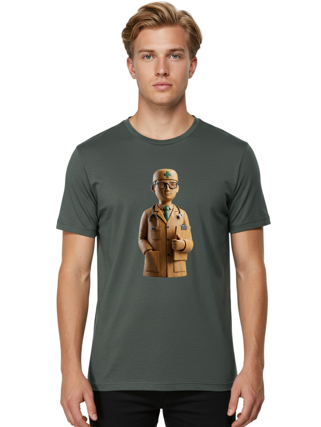 Doctor-Bust Men'S Graphic Tee, 100% Cotton, Comfortable Casual Summer Wear, Machine Washable, Wooden Doctor Figurine, Stethoscope Around Neck, Green Cross On Hat, Medical Professional, Giving A Thumbs Up, Wooden Statue, Doctor Sculpture, Baa466