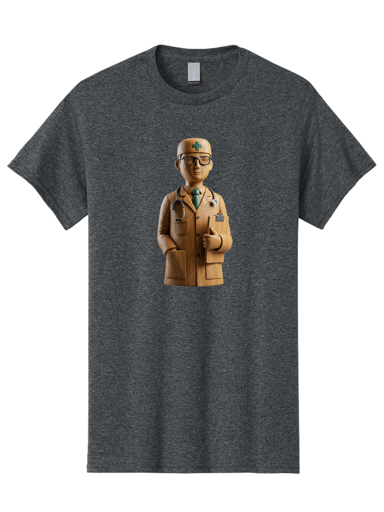 Doctor-Bust Men'S Graphic Tee, 100% Cotton, Comfortable Casual Summer Wear, Machine Washable, Wooden Doctor Figurine, Stethoscope Around Neck, Green Cross On Hat, Medical Professional, Giving A Thumbs Up, Wooden Statue, Doctor Sculpture, Baa466